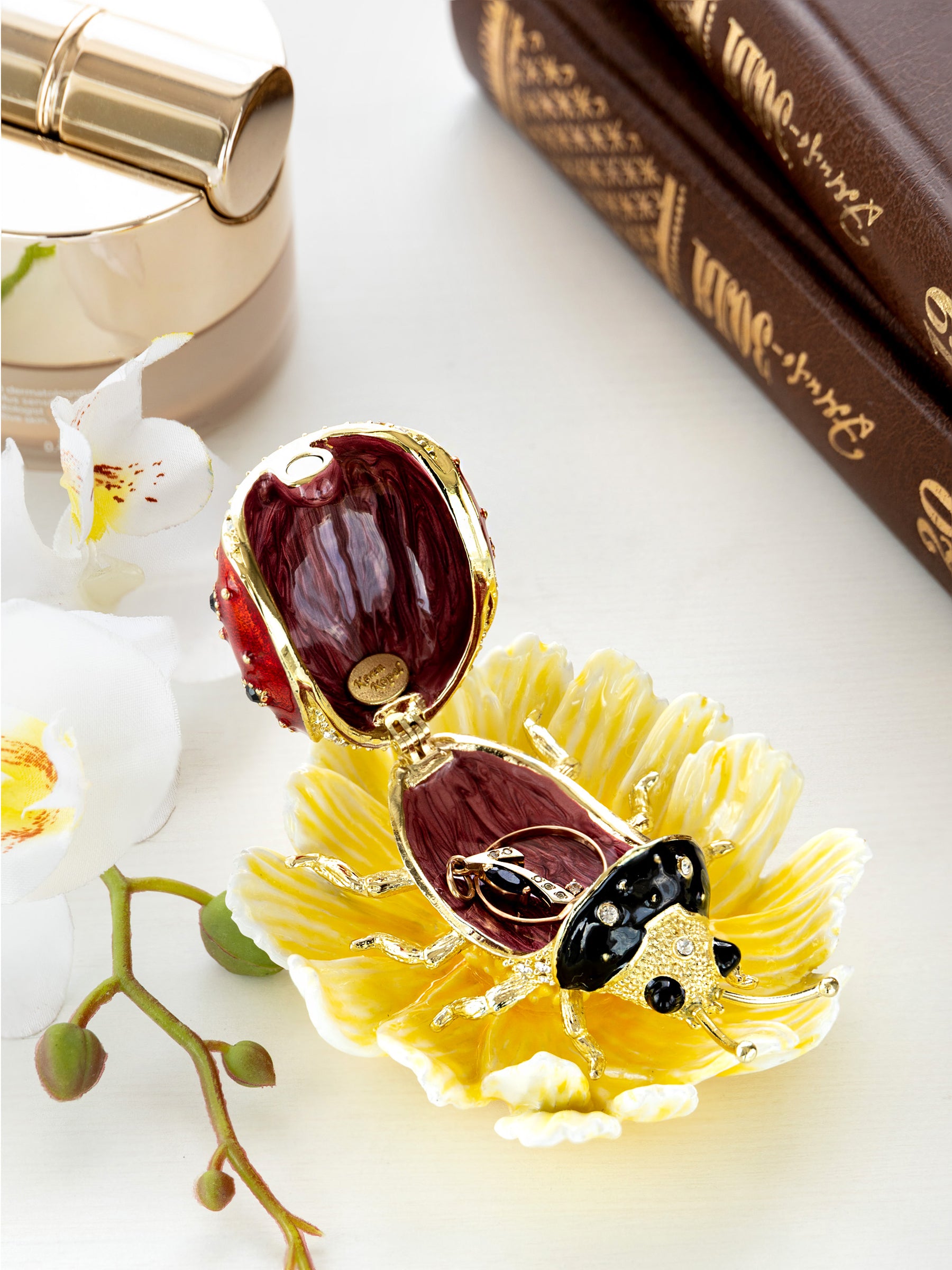 Ladybug on Flower Jeweled Trinket Box