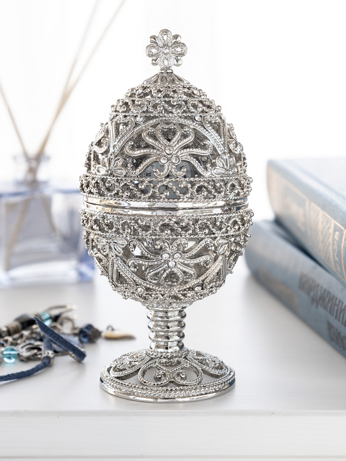 Silver Faberge Egg with Clock Inside