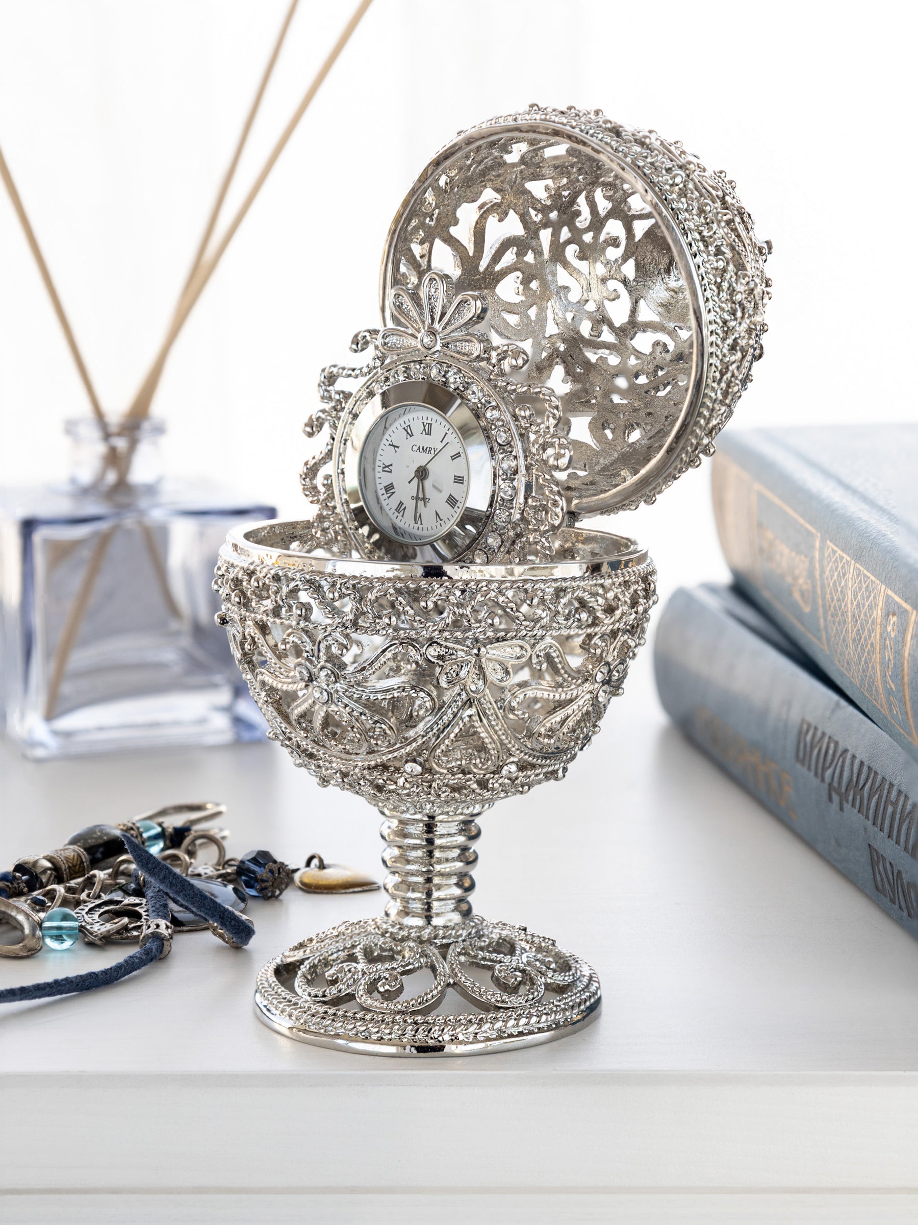 Silver Faberge Egg with Clock Inside
