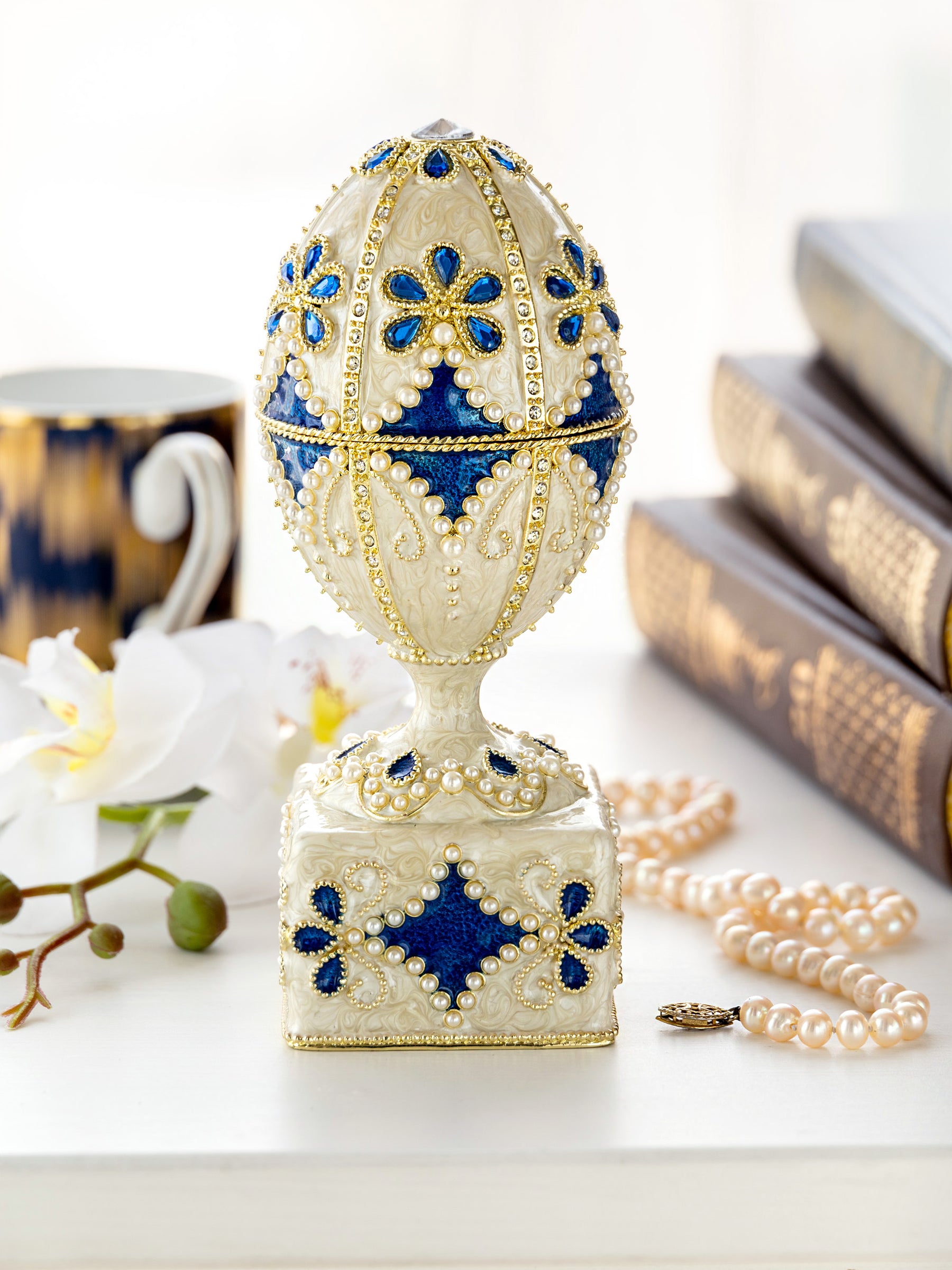 Pearl Beige Faberge Egg with Swan Hidden compartment
