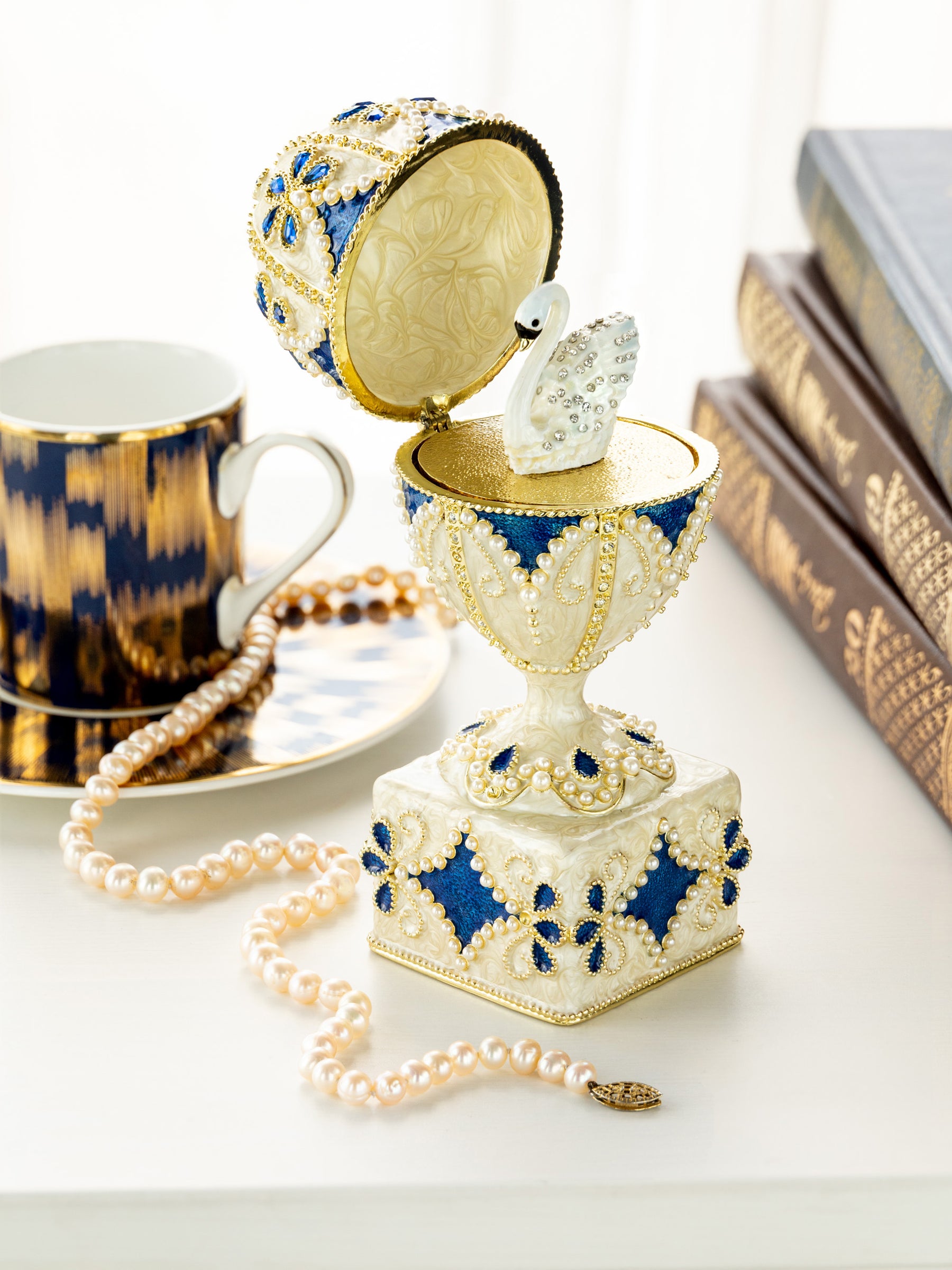 Pearl Beige Faberge Egg with Swan Hidden compartment