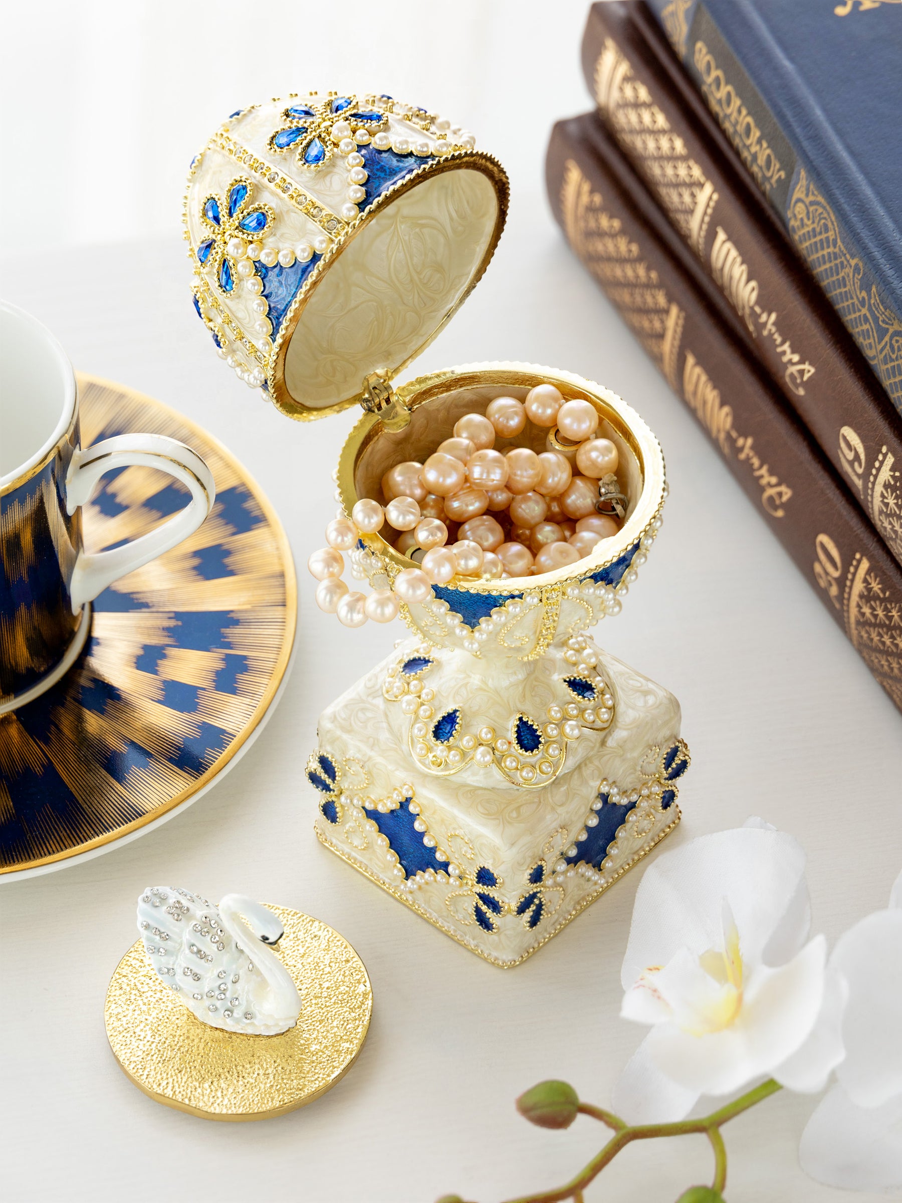 Pearl Beige Faberge Egg with Swan Hidden compartment