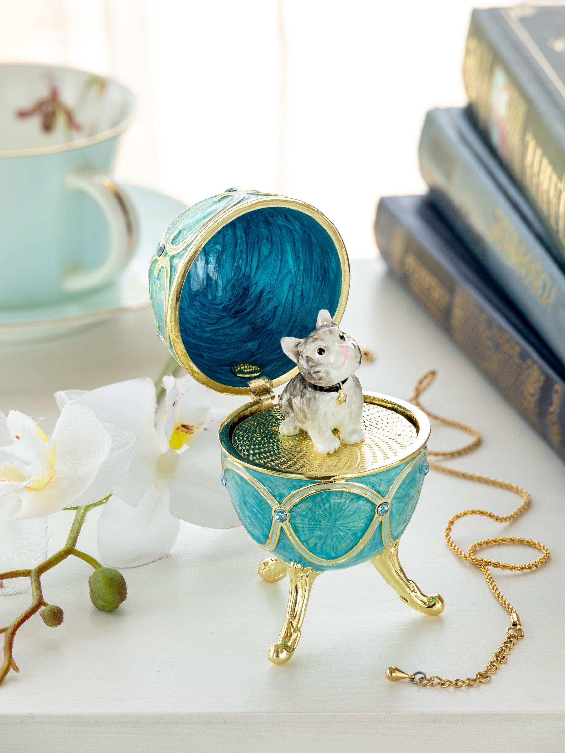 Turquoise Easter Egg with Cat Hidden compartment
