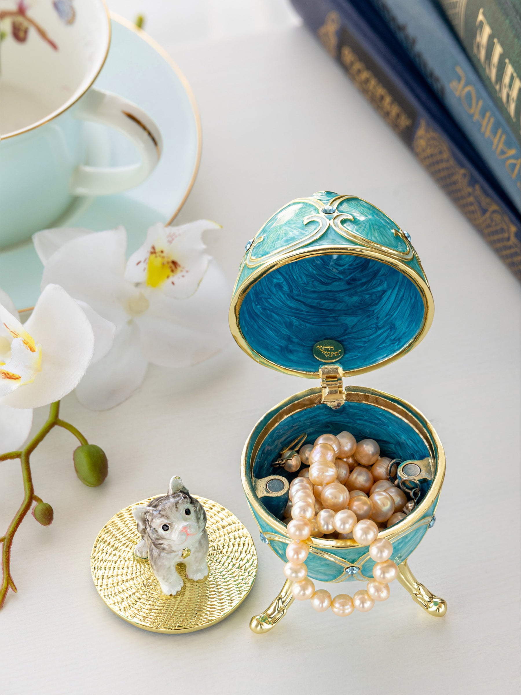 Turquoise Easter Egg with Cat Hidden compartment