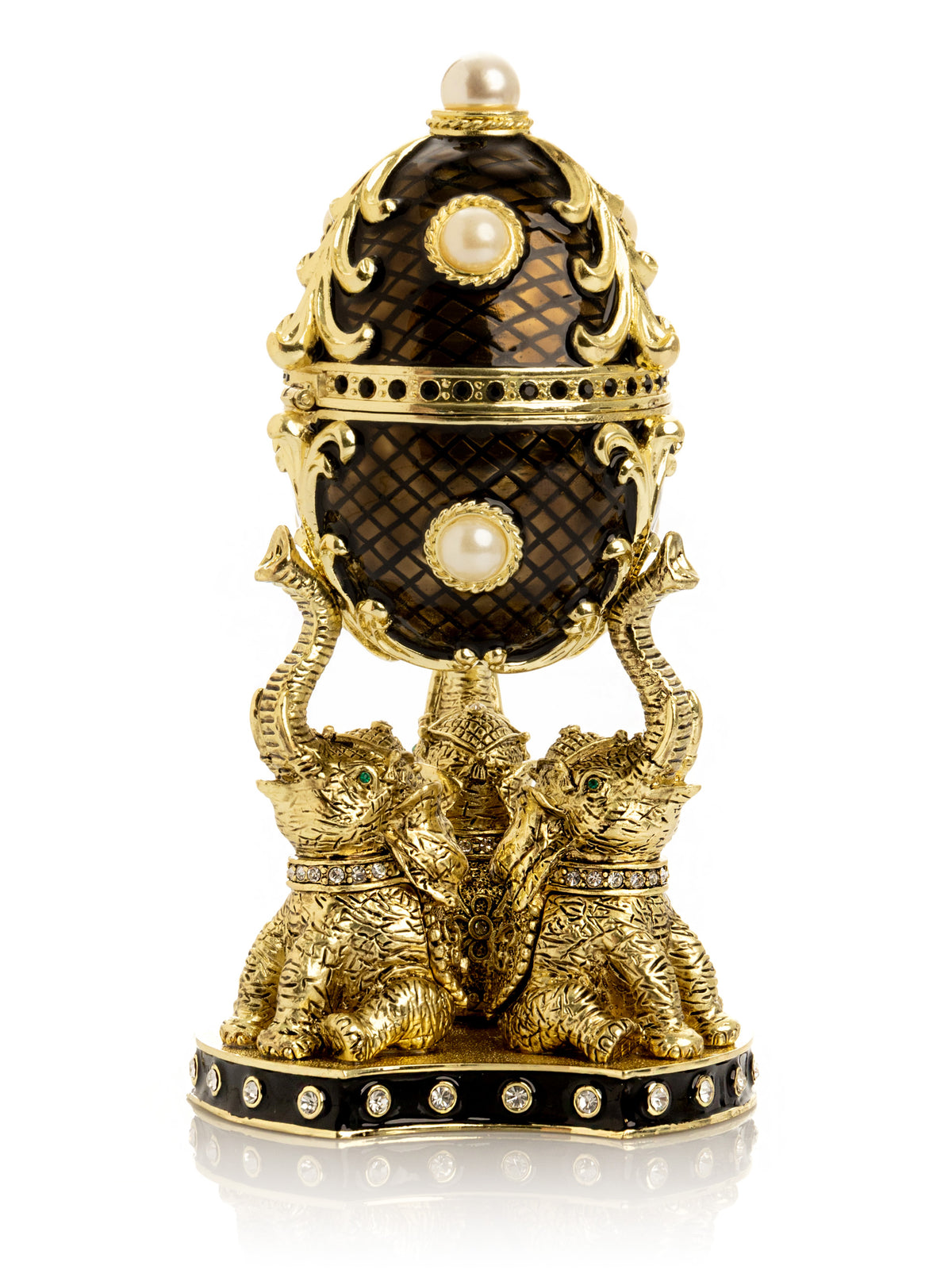 Keren Kopal Regal Brown and Gold Enamel Egg with Elephant Pedestal