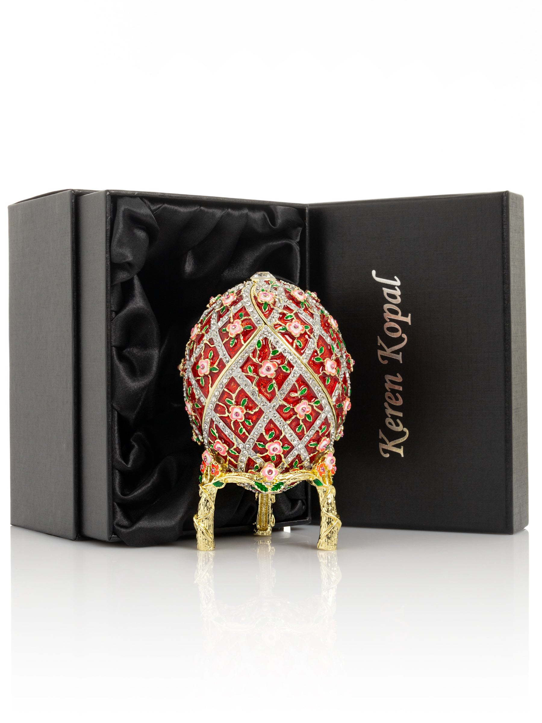 Red Roses Faberge Egg With a Surprise Colorful Ball Inside