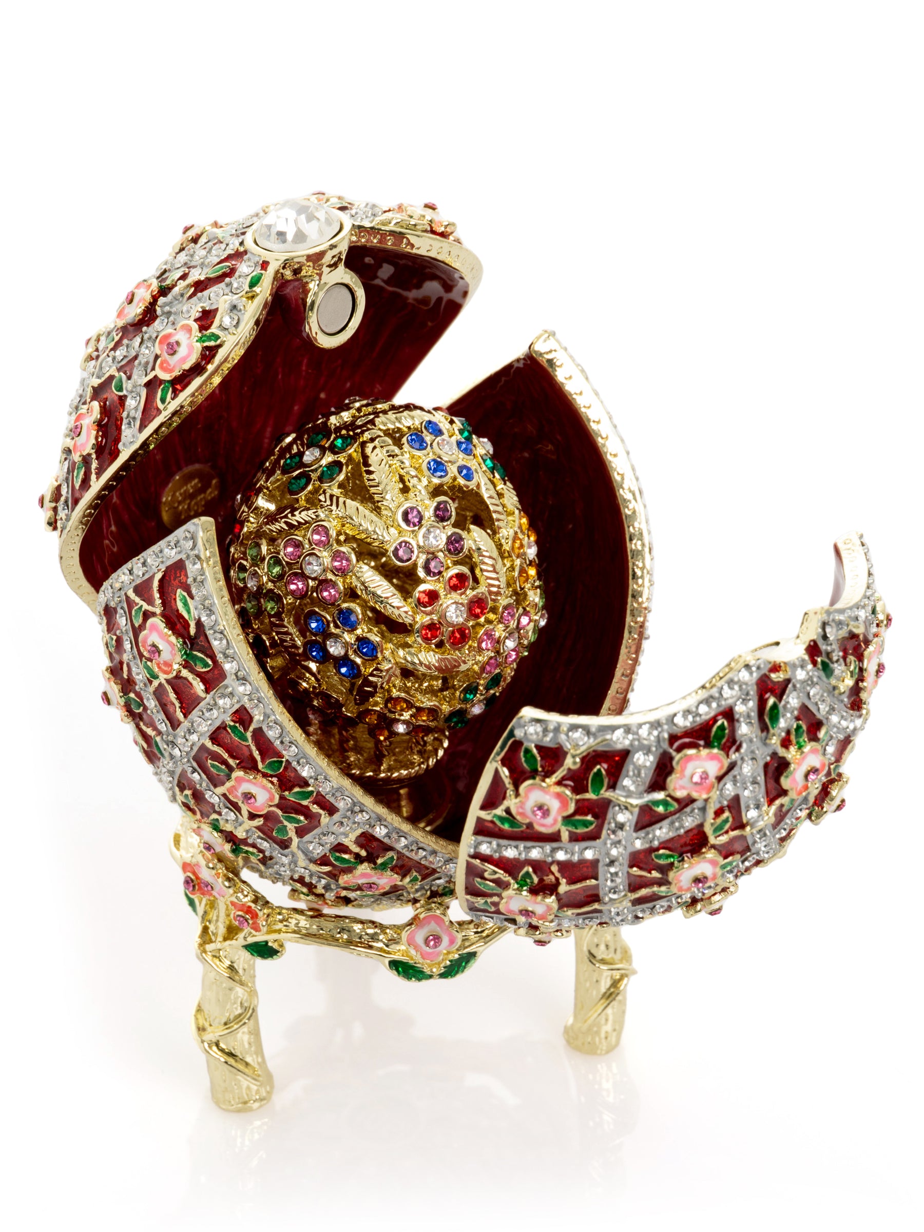 Red Roses Faberge Egg With a Surprise Colorful Ball Inside
