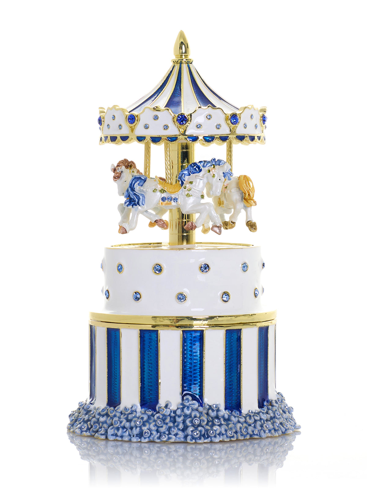 Blaues Faberge-Ei mit Pferdekarussell zum Aufziehen