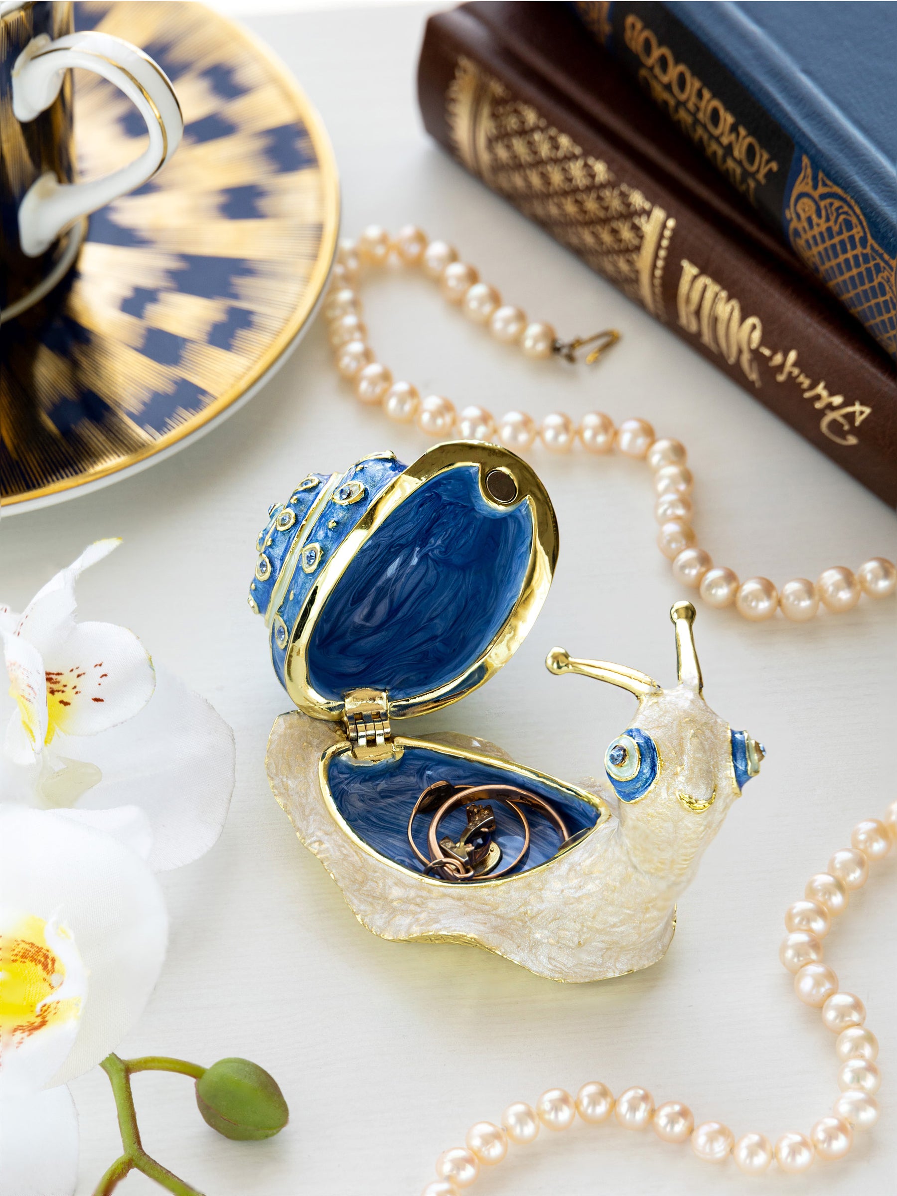 Gold & Blue Jeweled Snail Trinket Box