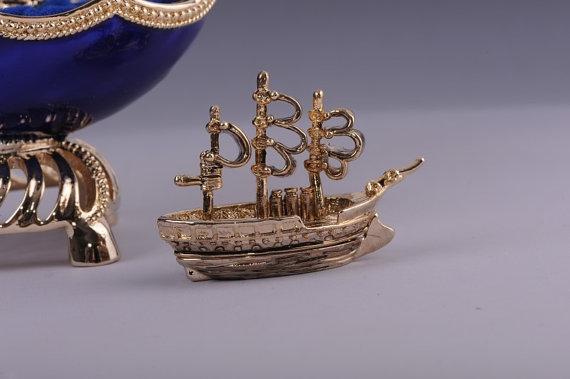 Keren Kopal Blue & Gold Faberge Egg with Sailing Ship Inside  125.00