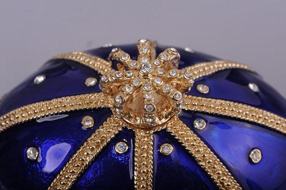 Blue & Gold Faberge Egg with Sailing Ship Inside  Keren Kopal