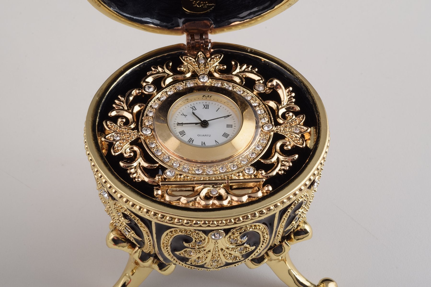 Keren Kopal Gold & Black Faberge Egg with Clock