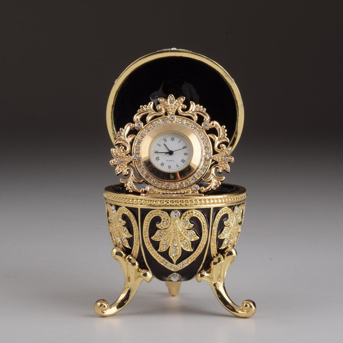 Keren Kopal Gold & Black Faberge Egg with Clock