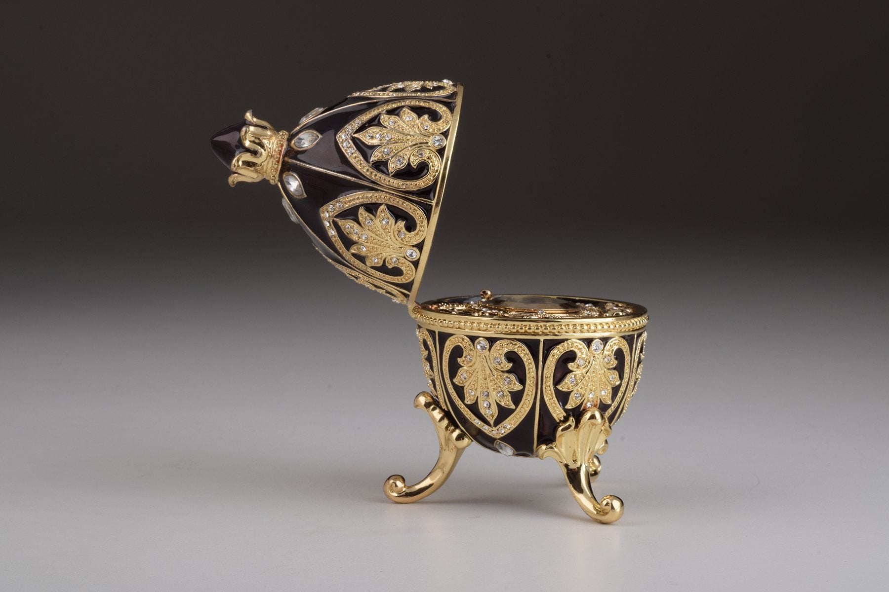 Keren Kopal Gold & Black Faberge Egg with Clock