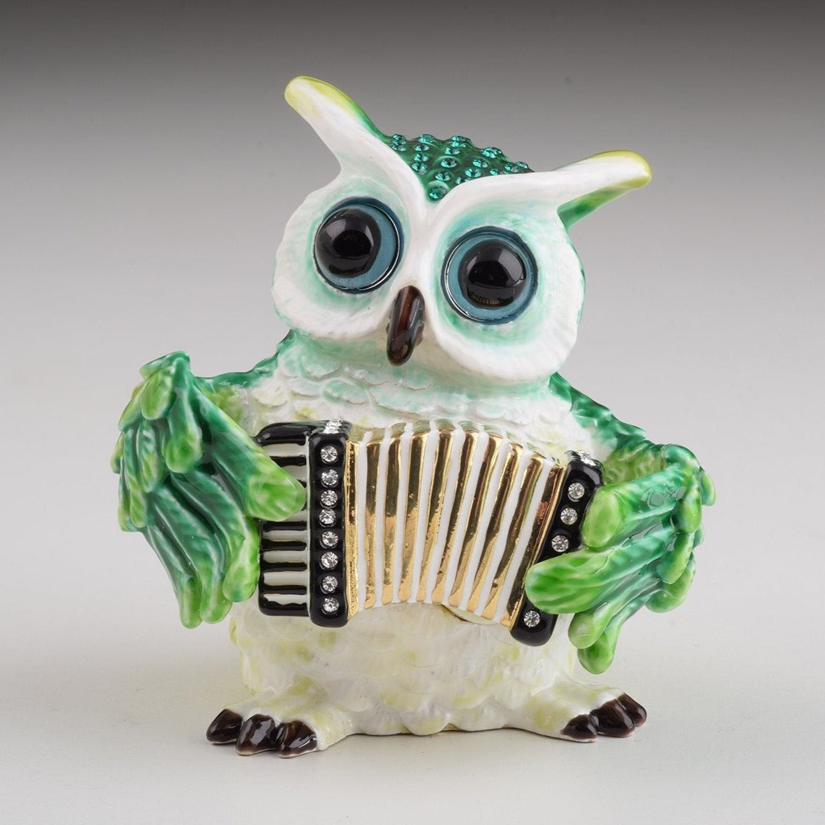 Green Owl Playing Accordion Trinket Box