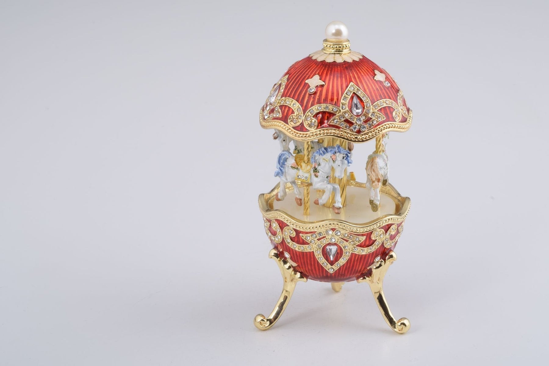 Red Wind up Horse Carousel Faberge Style Egg  Keren Kopal