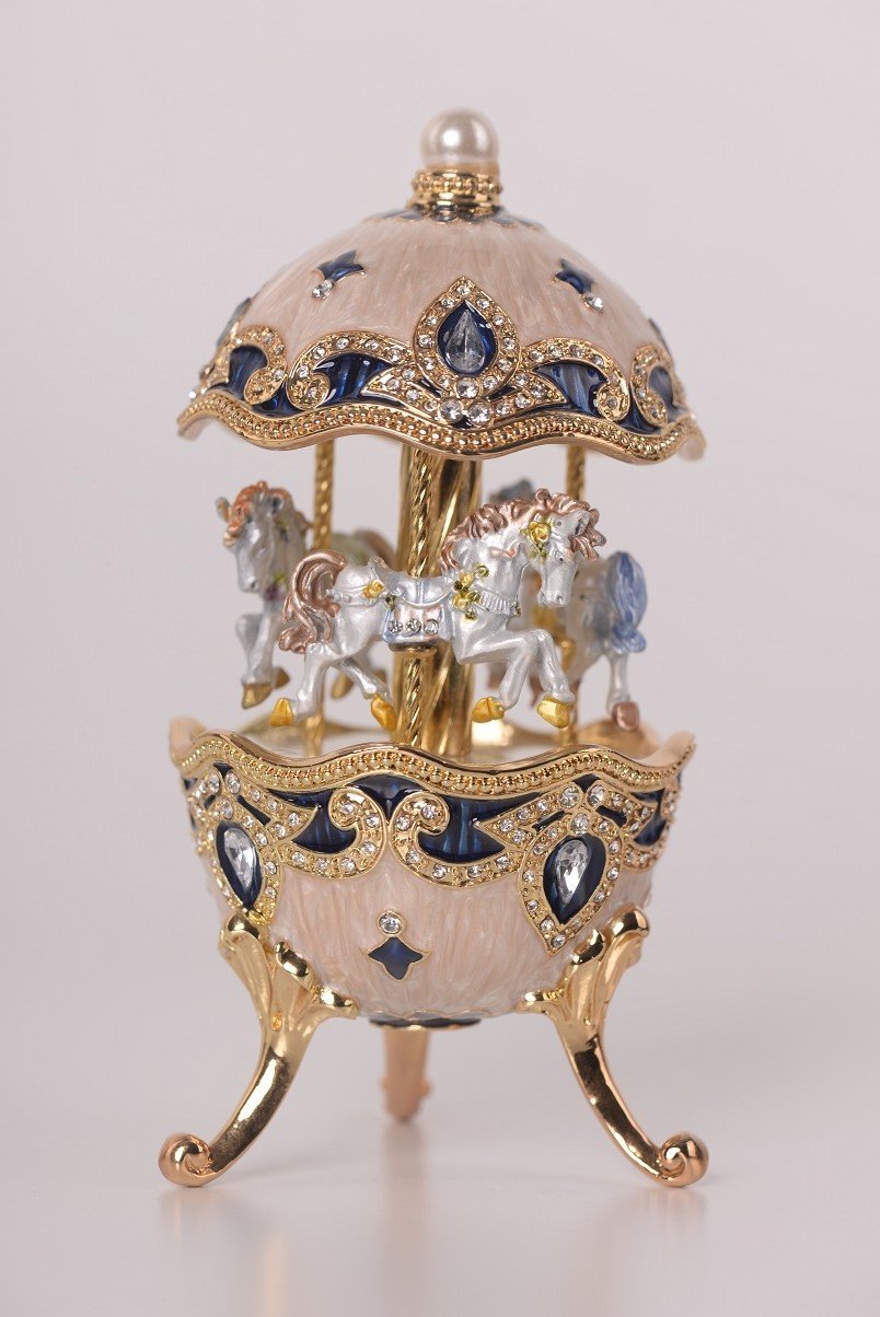 White Faberge Egg with Horse Carousel
