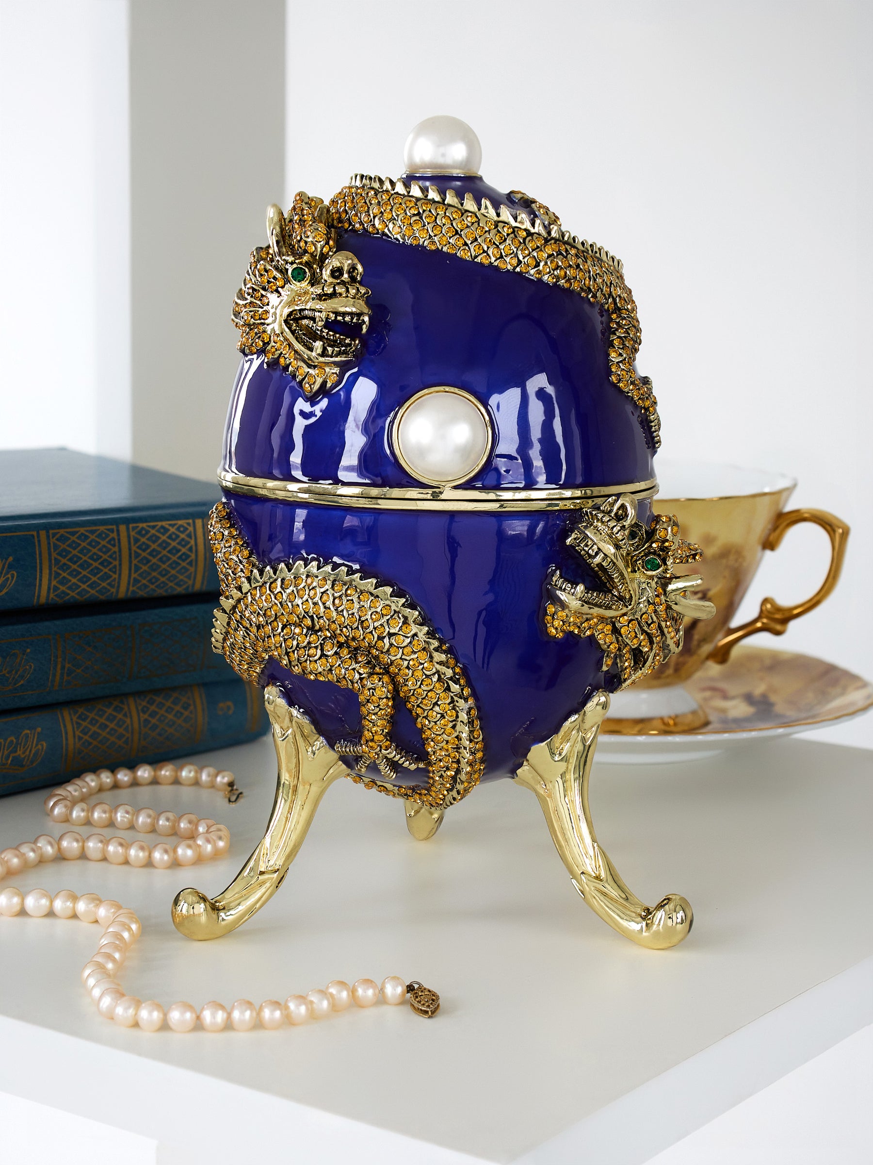Blue Faberge Egg with Dragon Music Playing Egg