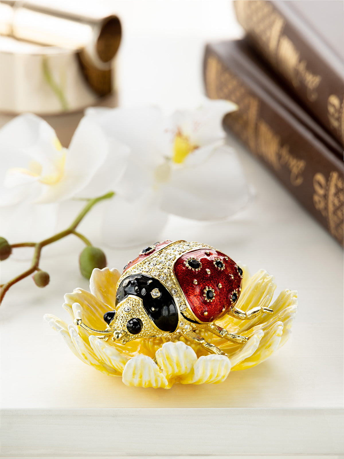 Ladybug on Flower Jeweled Trinket Box