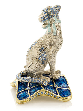 Keren Kopal Elegant Silver Cat Trinket Box with Blue Crystals