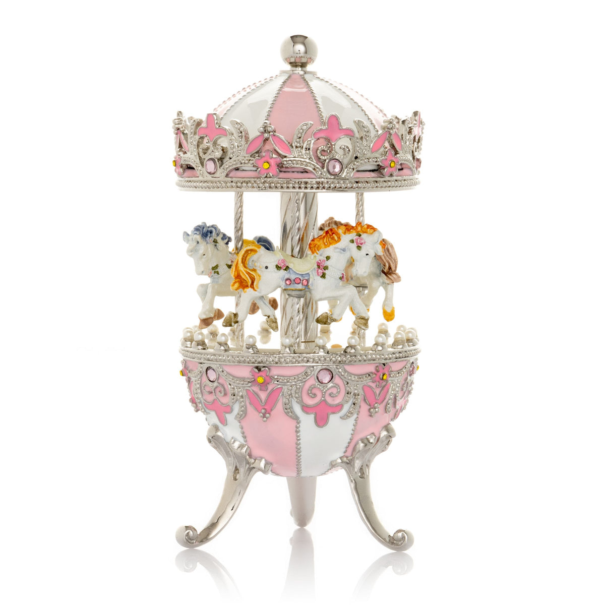 Rosafarbenes Fabergé-Ei mit aufziehbarem Pferdekarussell