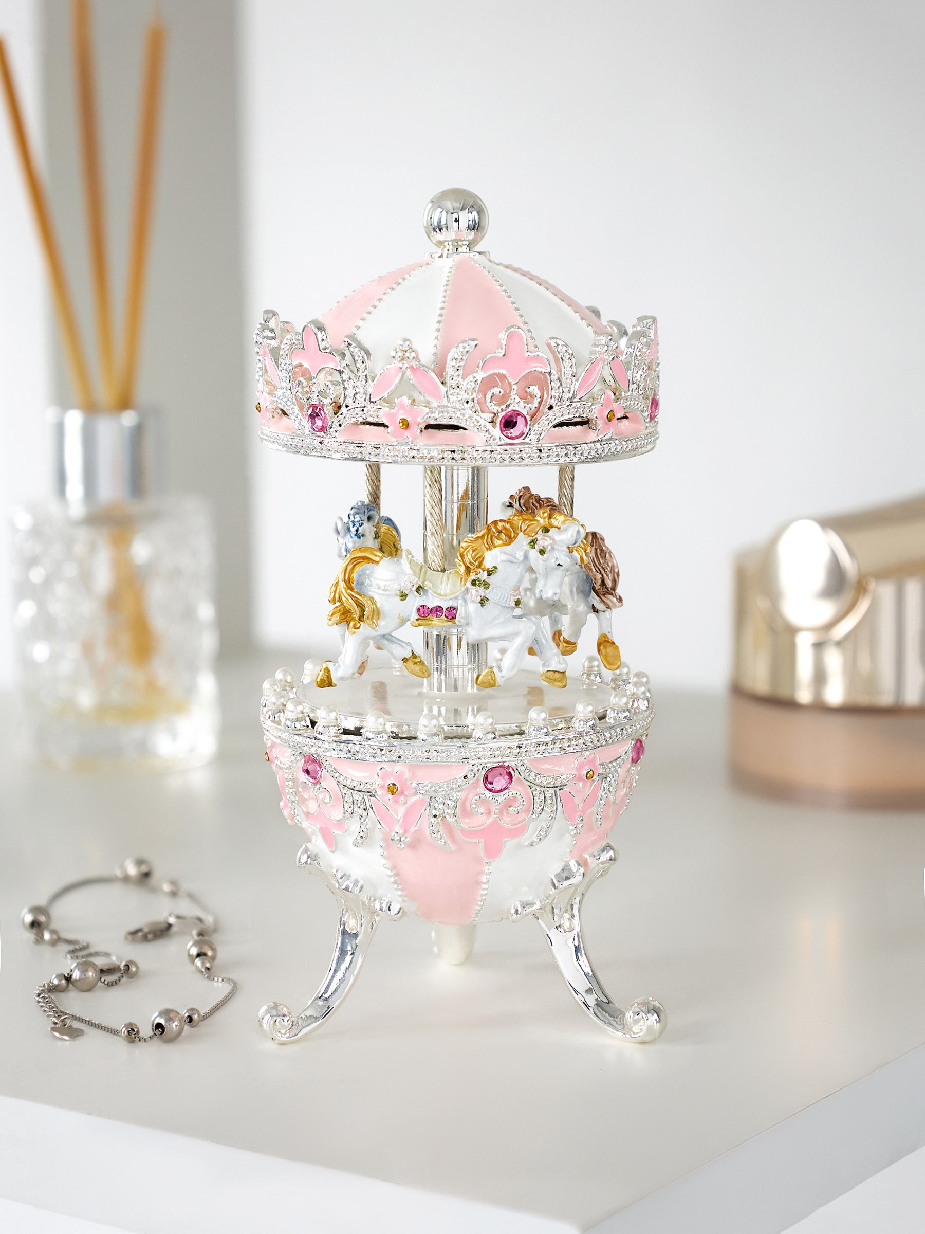 Pink Faberge Egg with Wind up Horse Carousel