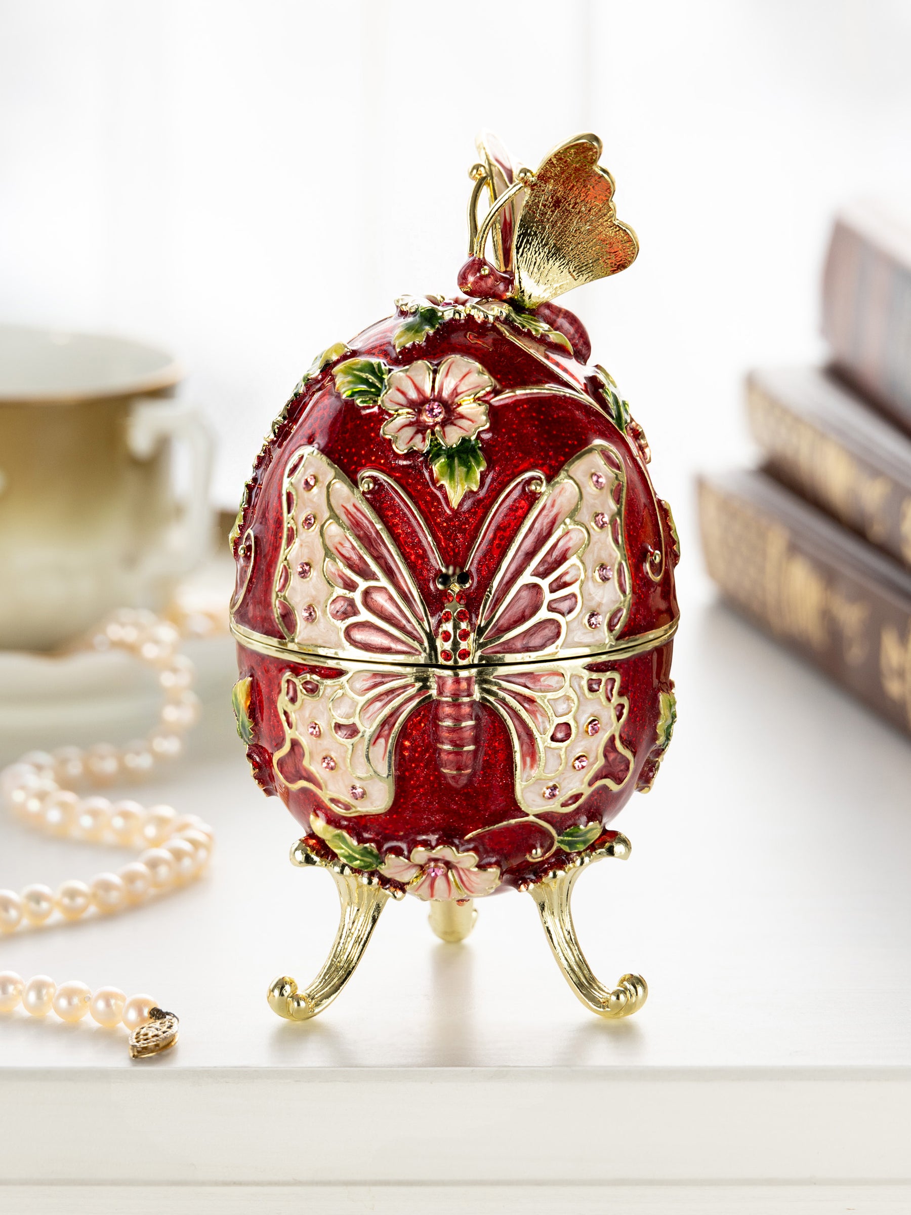Keren Kopal Red Faberge Egg with Flowers and Butterfly