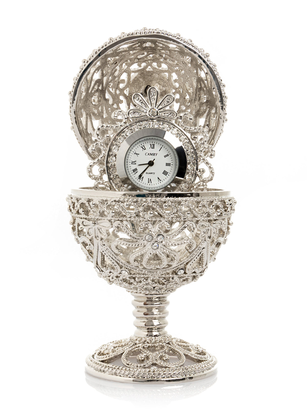 Silver Faberge Egg with Clock Inside