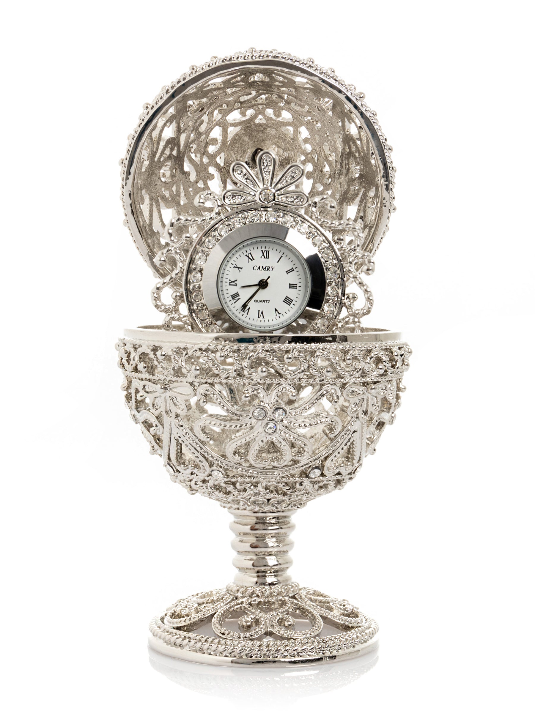 Silver Faberge Egg with Clock Inside