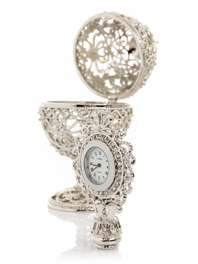 Silver Faberge Egg with Clock Inside