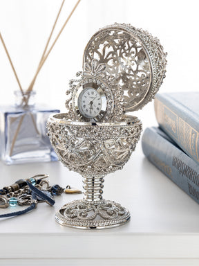 Silver Faberge Egg with Clock Inside