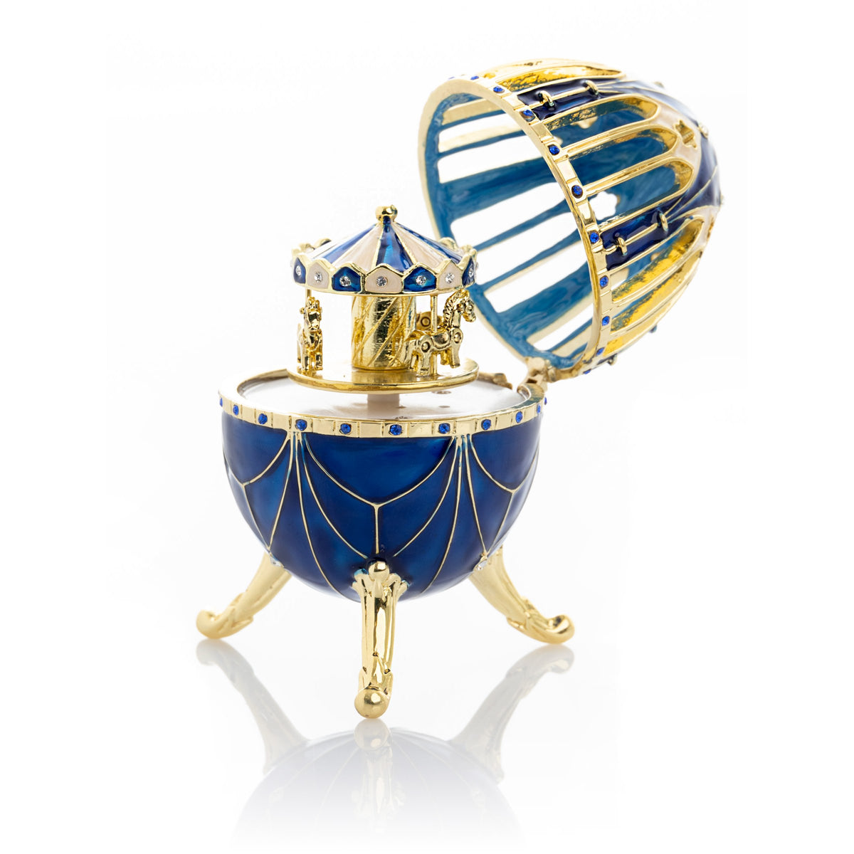 Blue and Gold Faberge Egg with Horse Carousel Surprise Inside