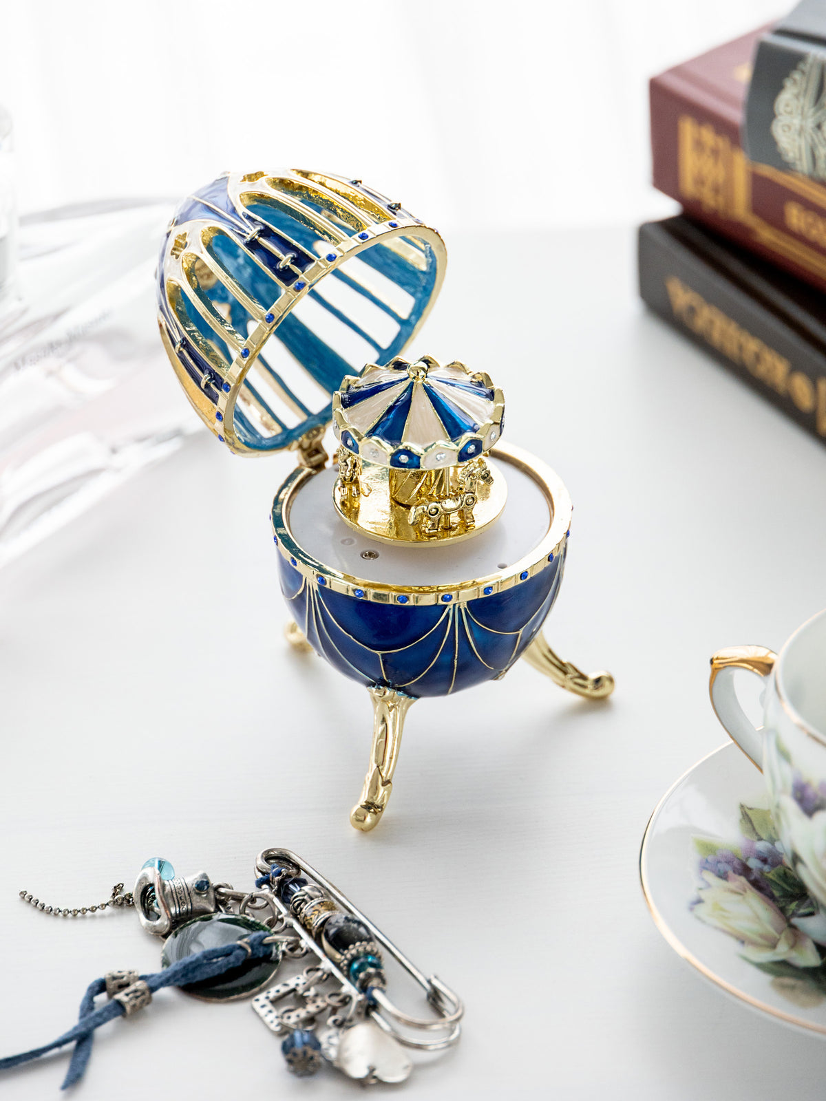 Blue and Gold Faberge Egg with Horse Carousel Surprise Inside