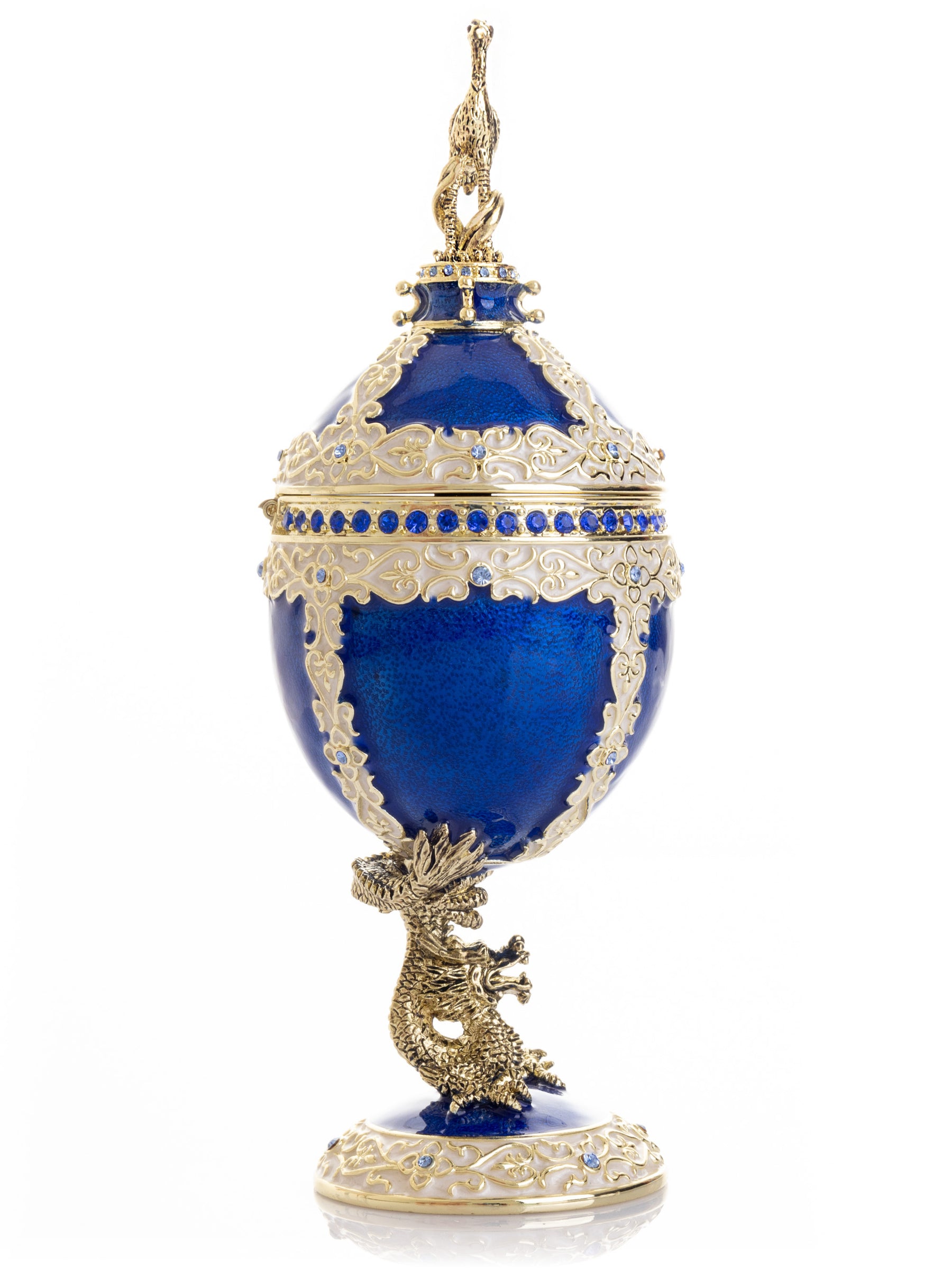 Keren Kopal Luxurious Blue-Gold Egg with Clock with Dragon Pedestal and Bird Ornament