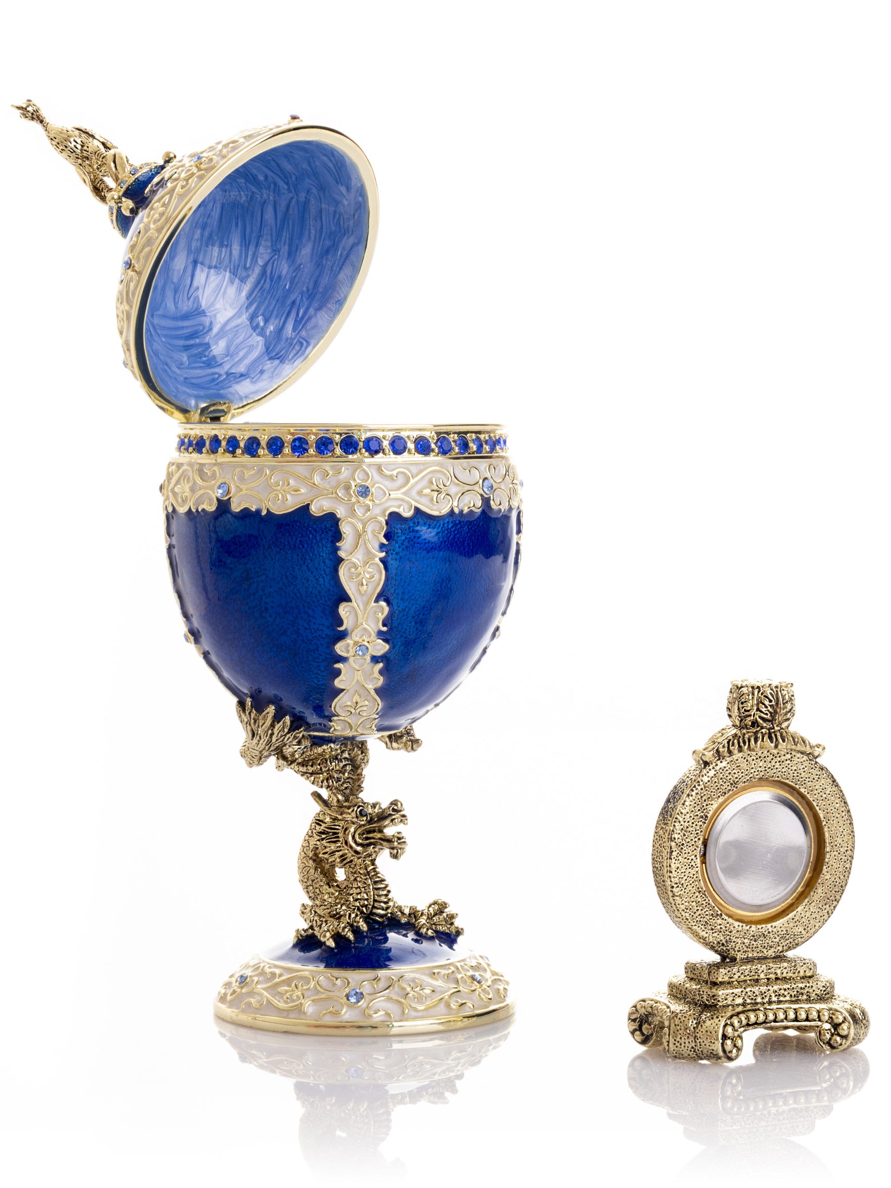 Keren Kopal Luxurious Blue-Gold Egg with Clock with Dragon Pedestal and Bird Ornament