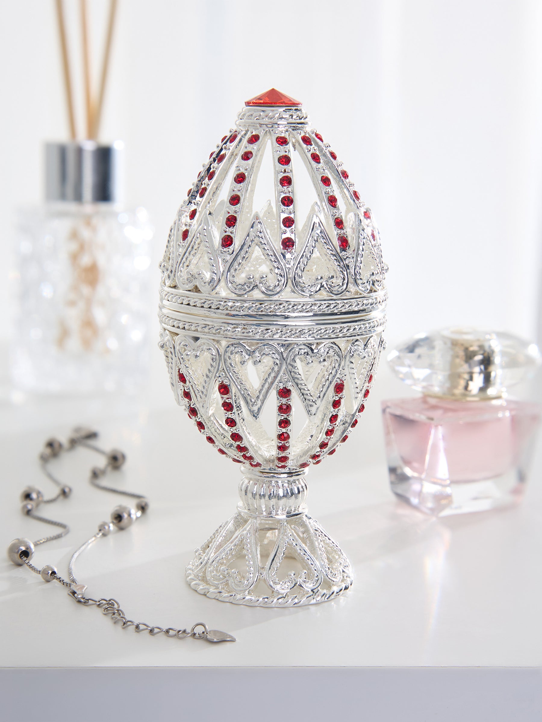 Silver Easter Egg with Red Crystals & Hearts