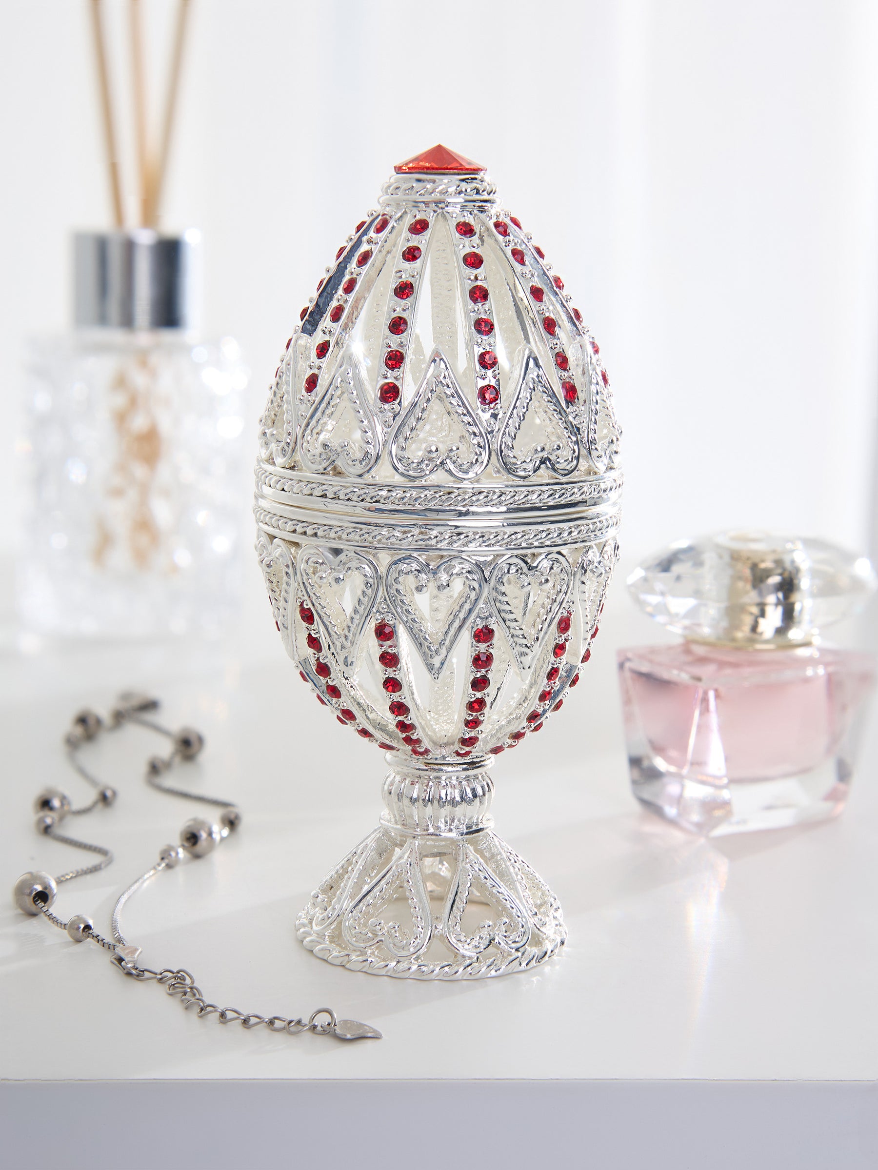 Silver Easter Egg with Red Crystals & Hearts