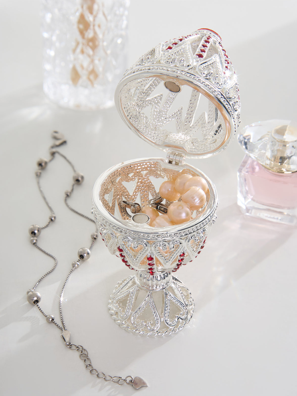 Keren Kopal Silver Easter Egg with Red Crystals & Hearts