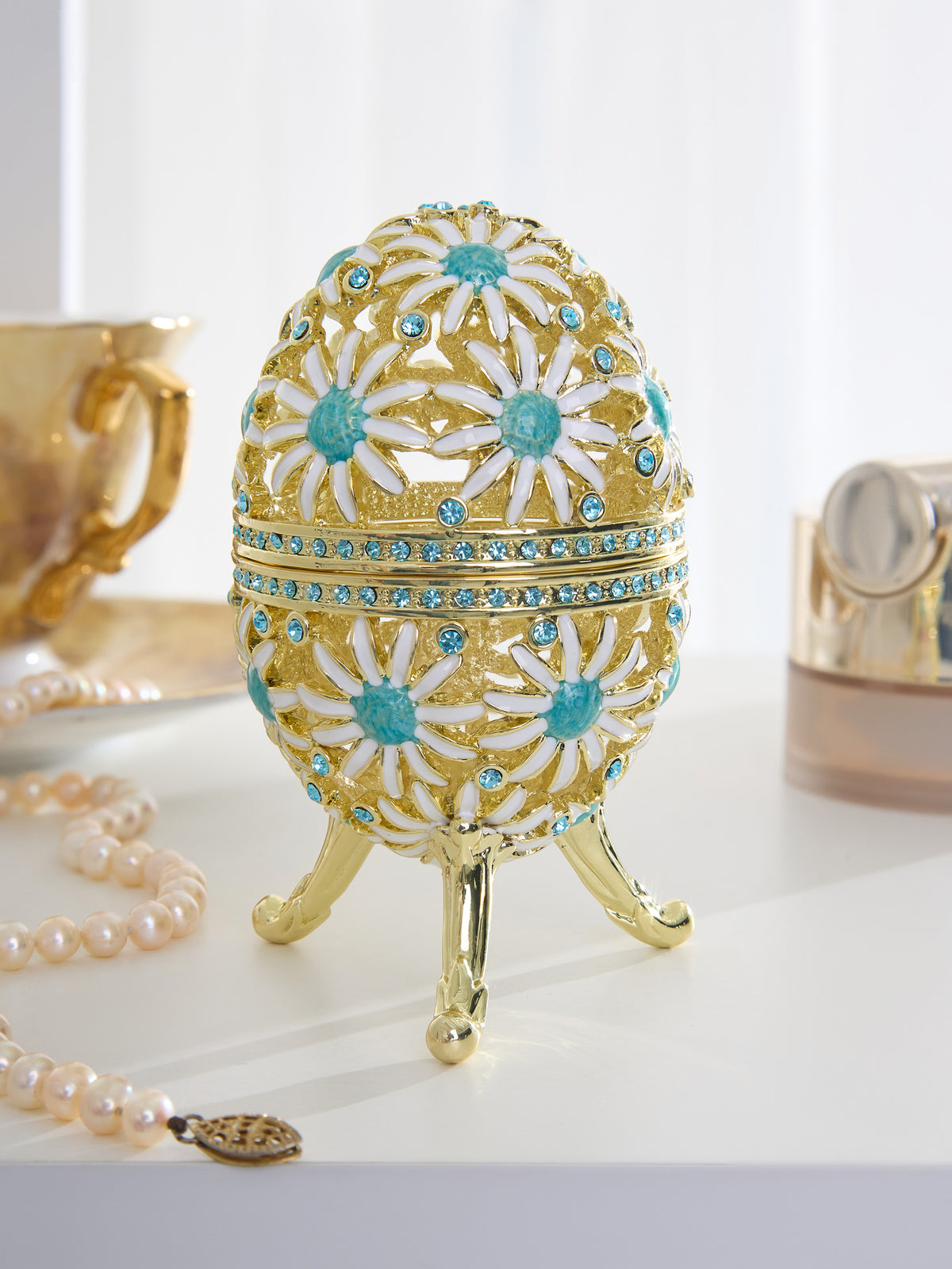 Keren Kopal Gold Easter Egg with Blue and White Flowers