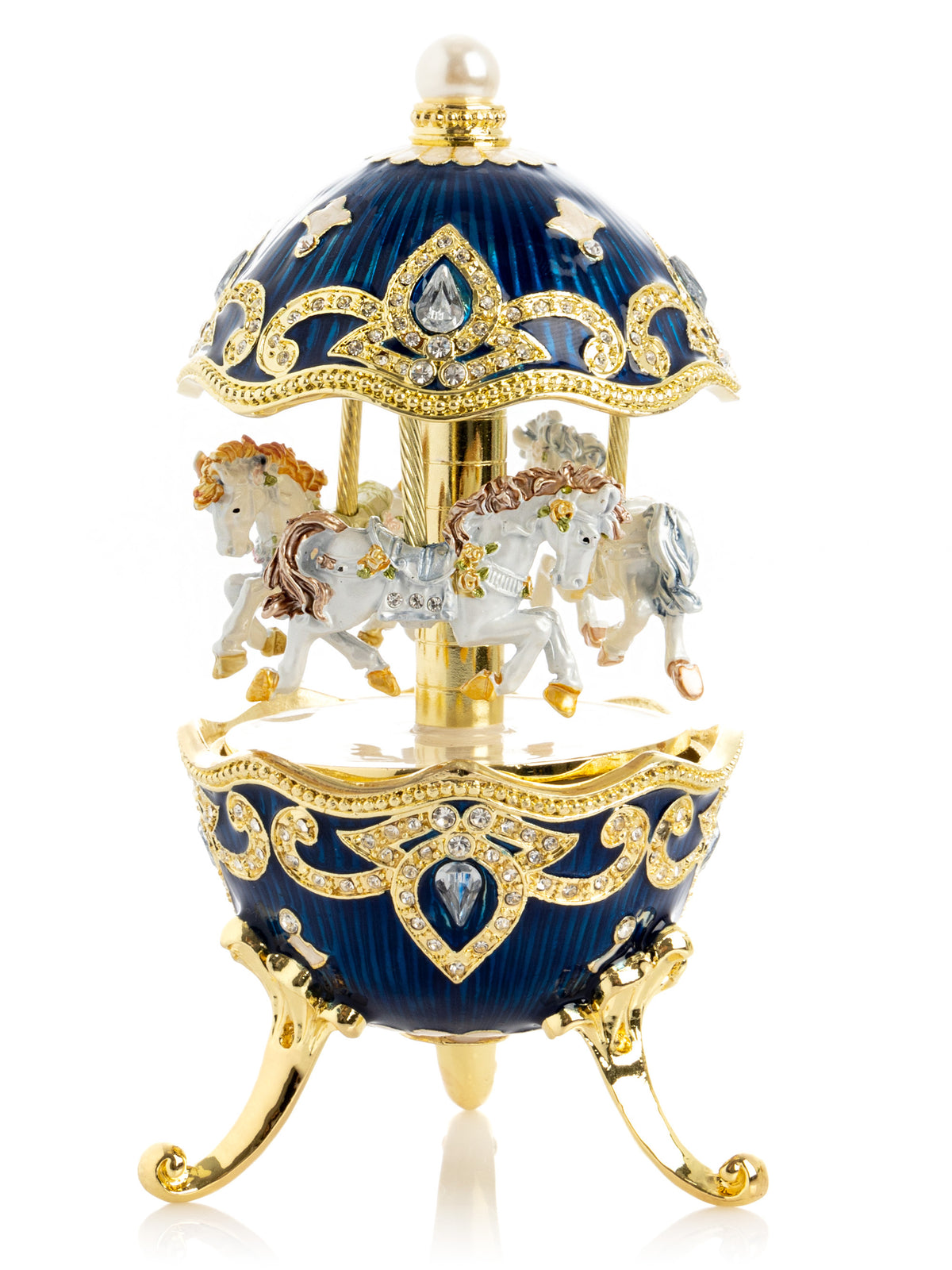 Oeuf Fabergé de carrousel à cheval à remonter bleu