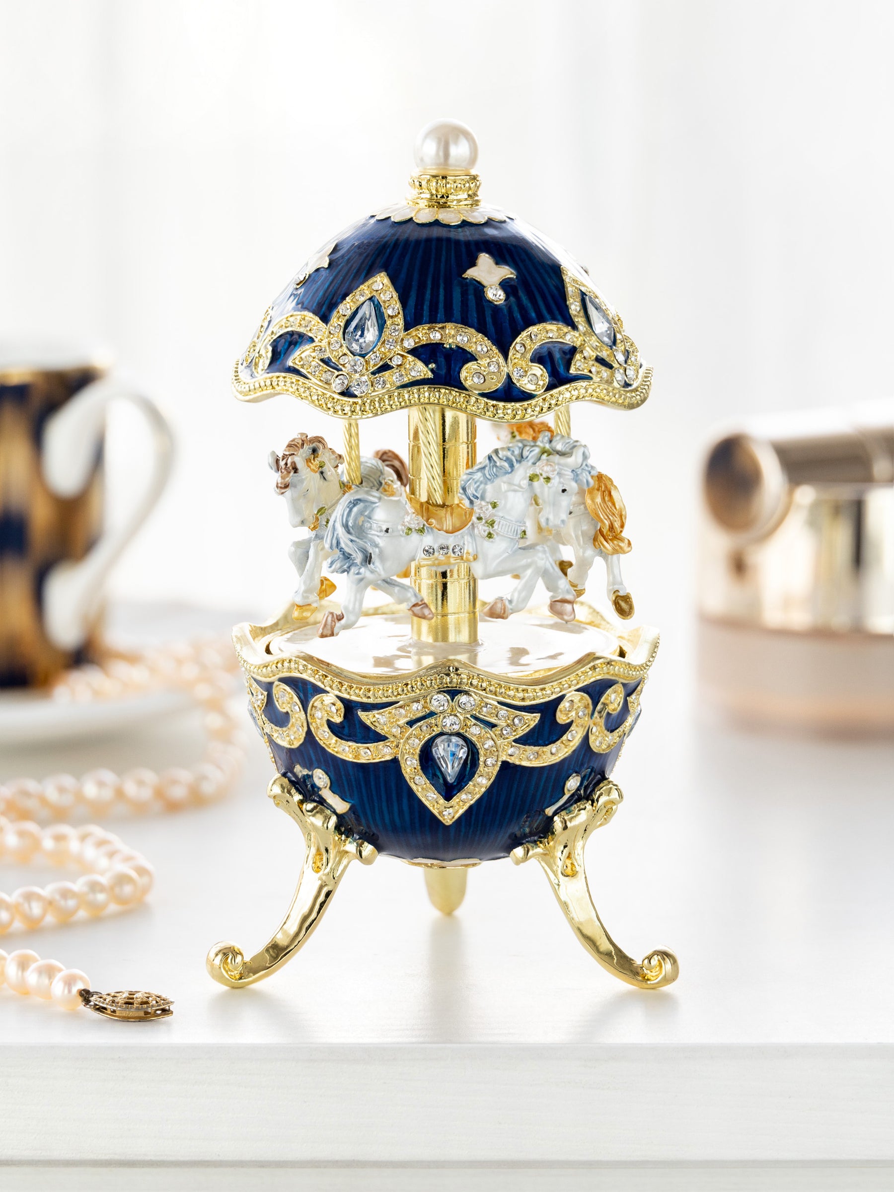 Blue Wind up Horse Carousel Faberge Egg