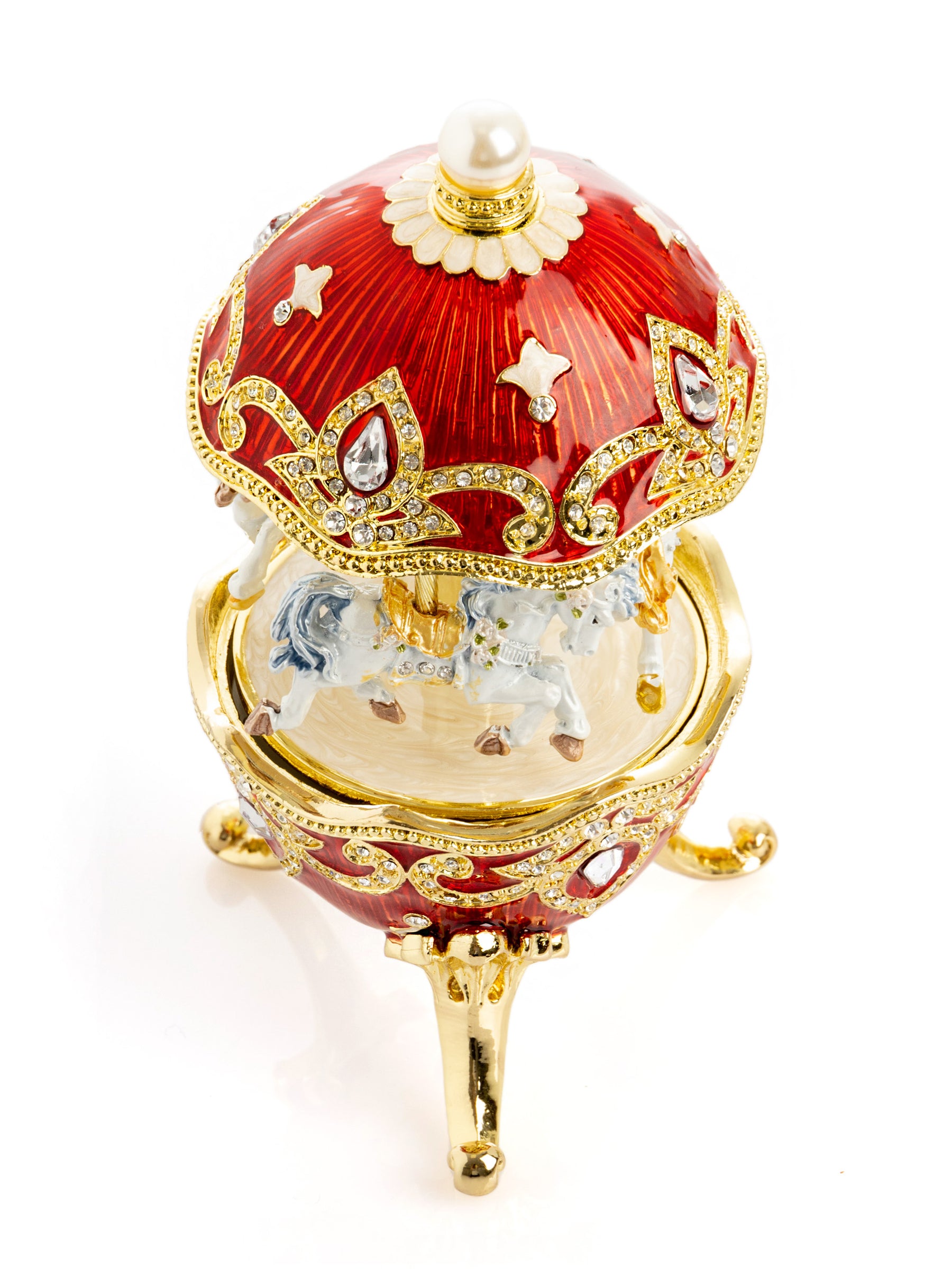 Red Wind up Horse Carousel Faberge Style Egg