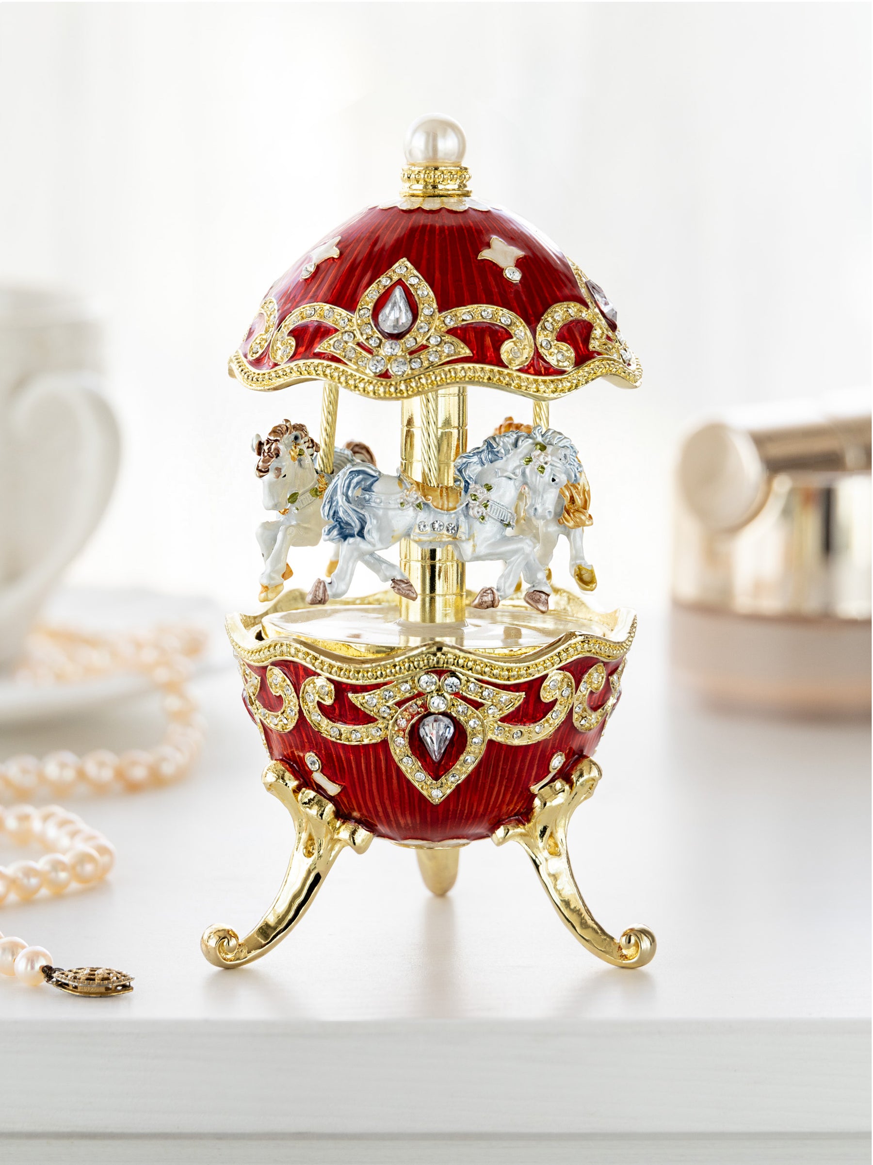 Red Wind up Horse Carousel Faberge Style Egg