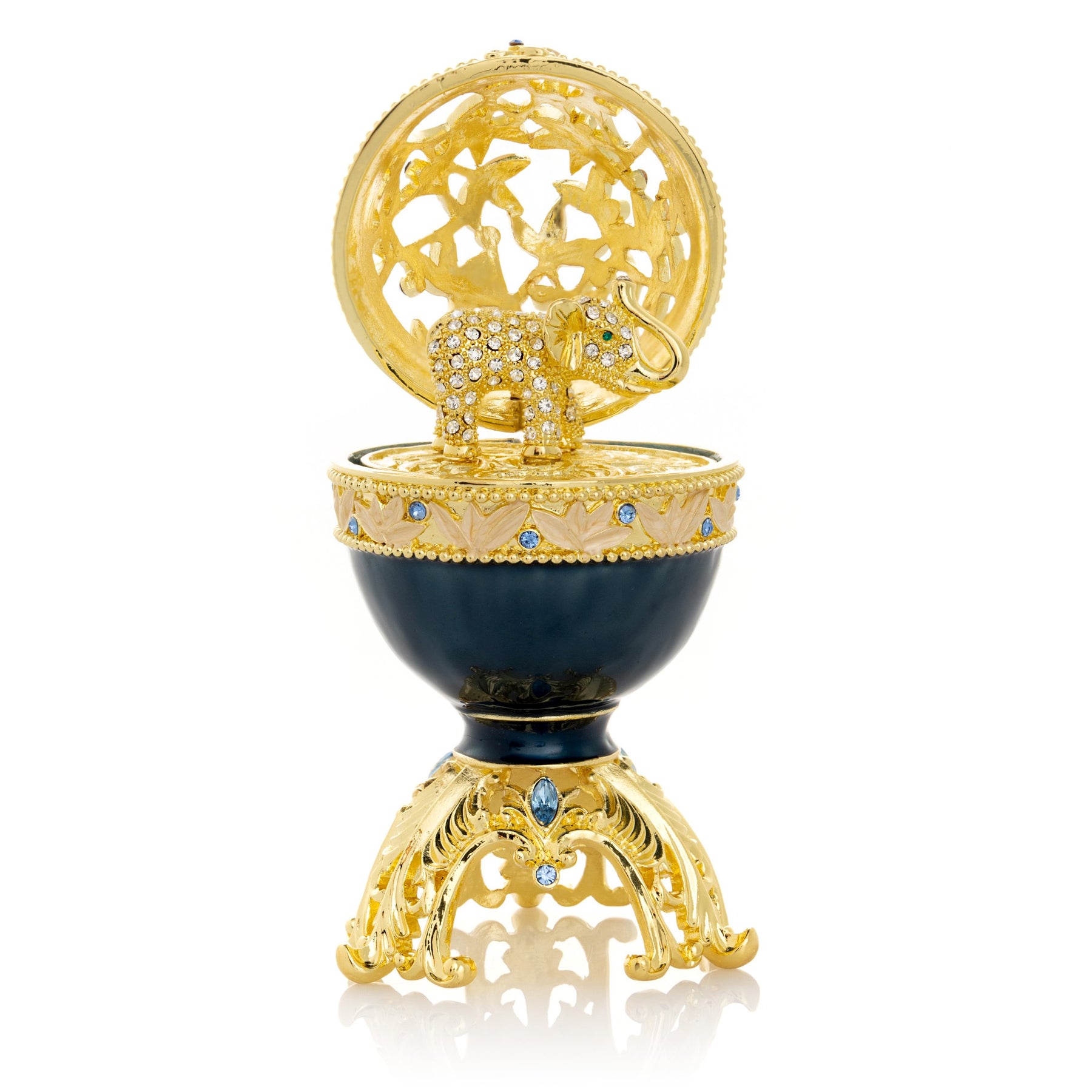 Œuf de Fabergé bleu doré avec un éléphant en or