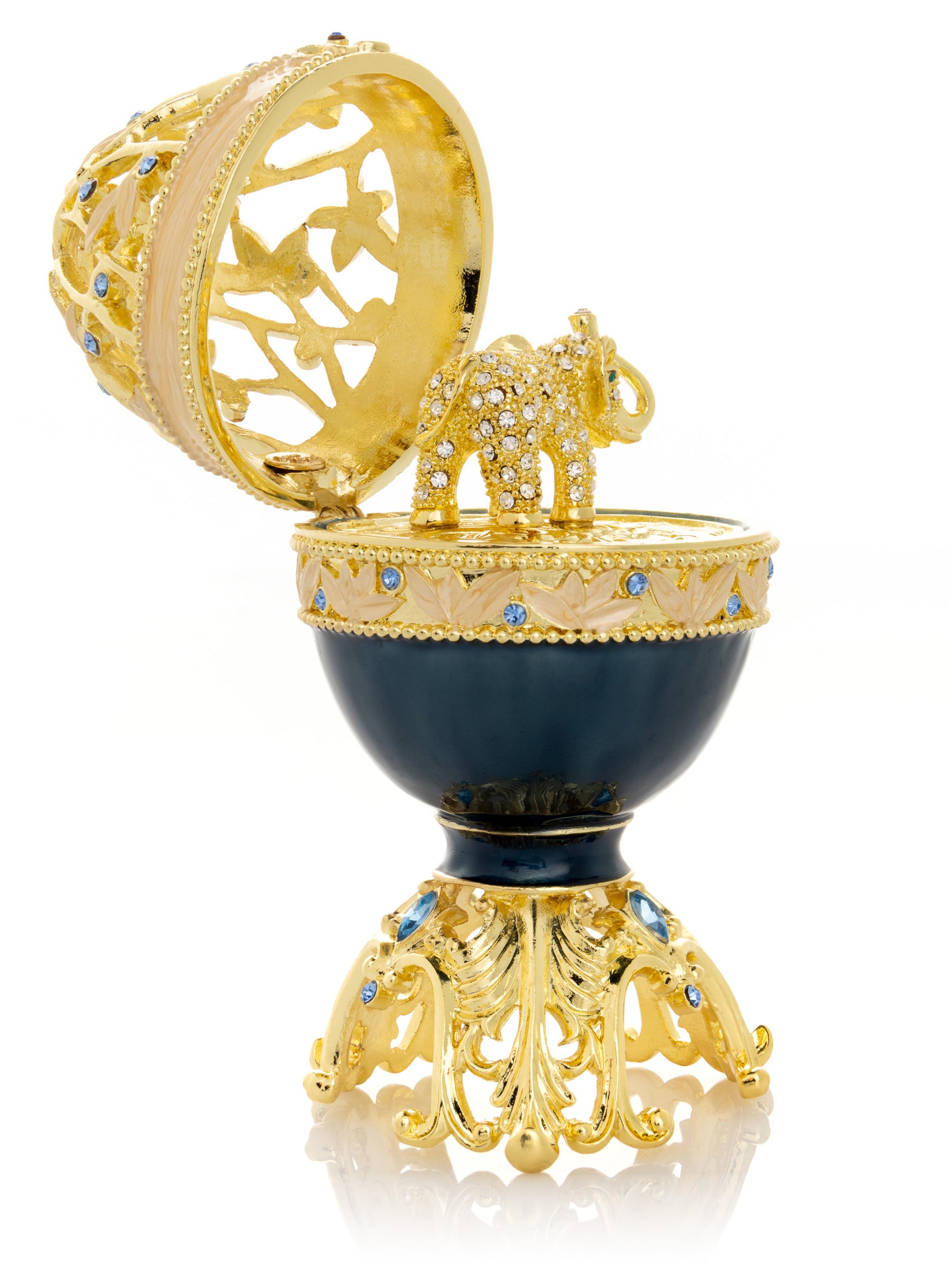 Goldenes blaues Fabergé-Ei mit einem goldenen Elefanten