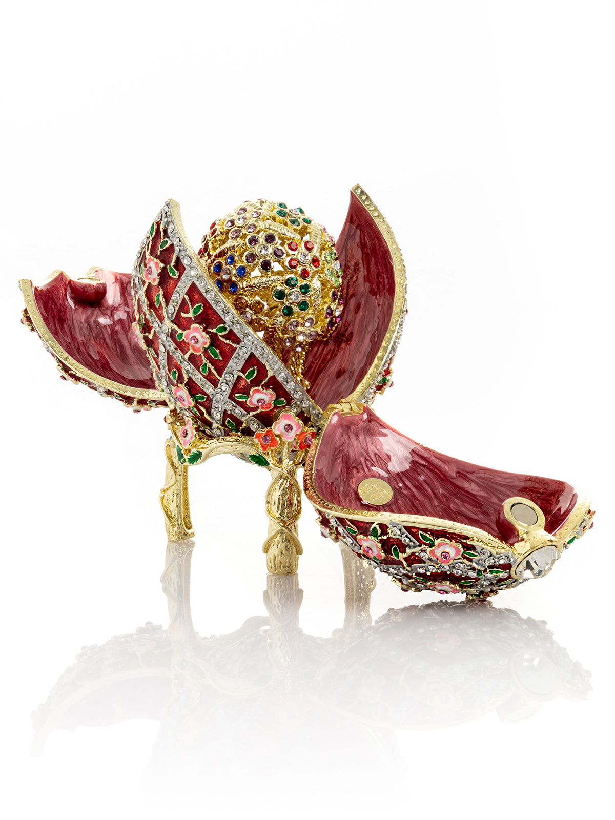 Red Roses Faberge Egg With a Surprise Colorful Ball Inside