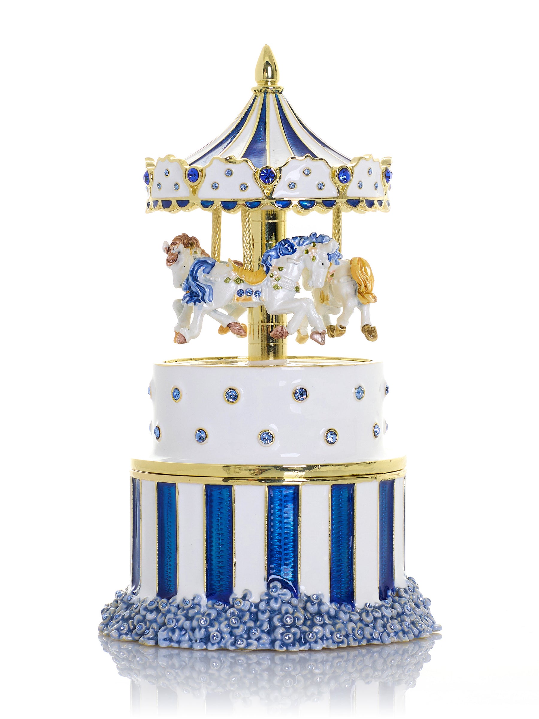 Blaues Faberge-Ei mit Pferdekarussell zum Aufziehen