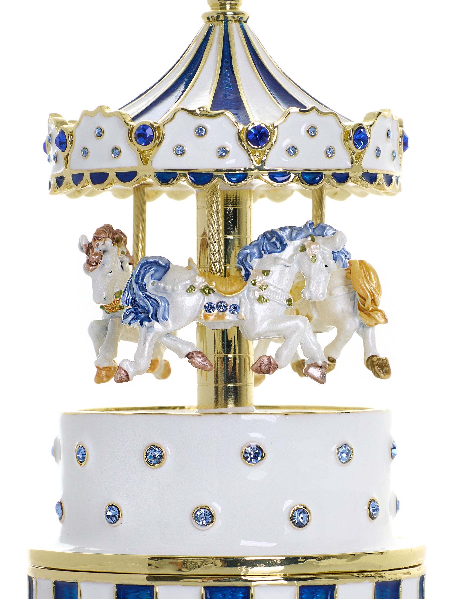 Blaues Faberge-Ei mit Pferdekarussell zum Aufziehen