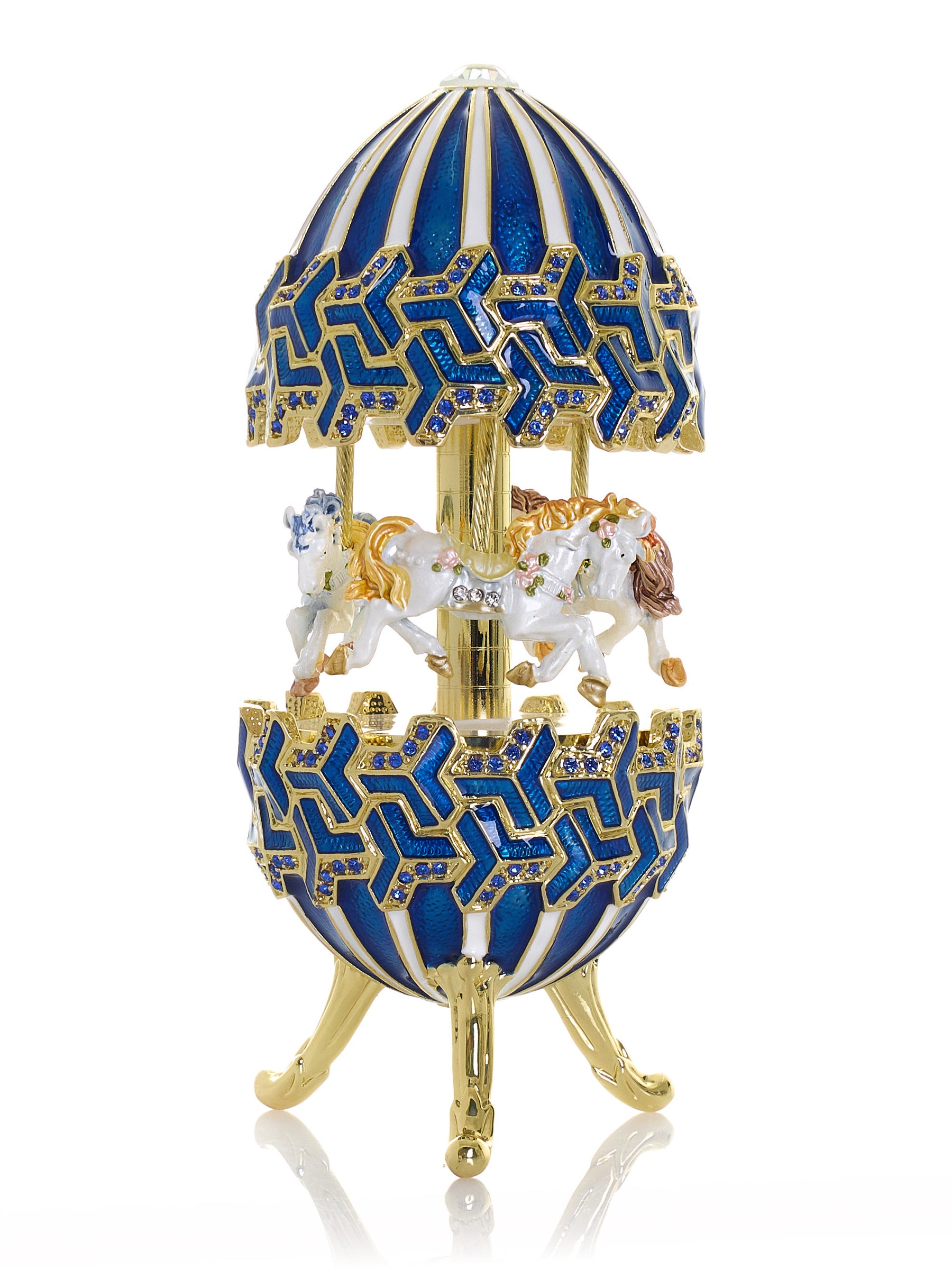 Blaues Faberge-Ei mit Pferdekarussell zum Aufziehen