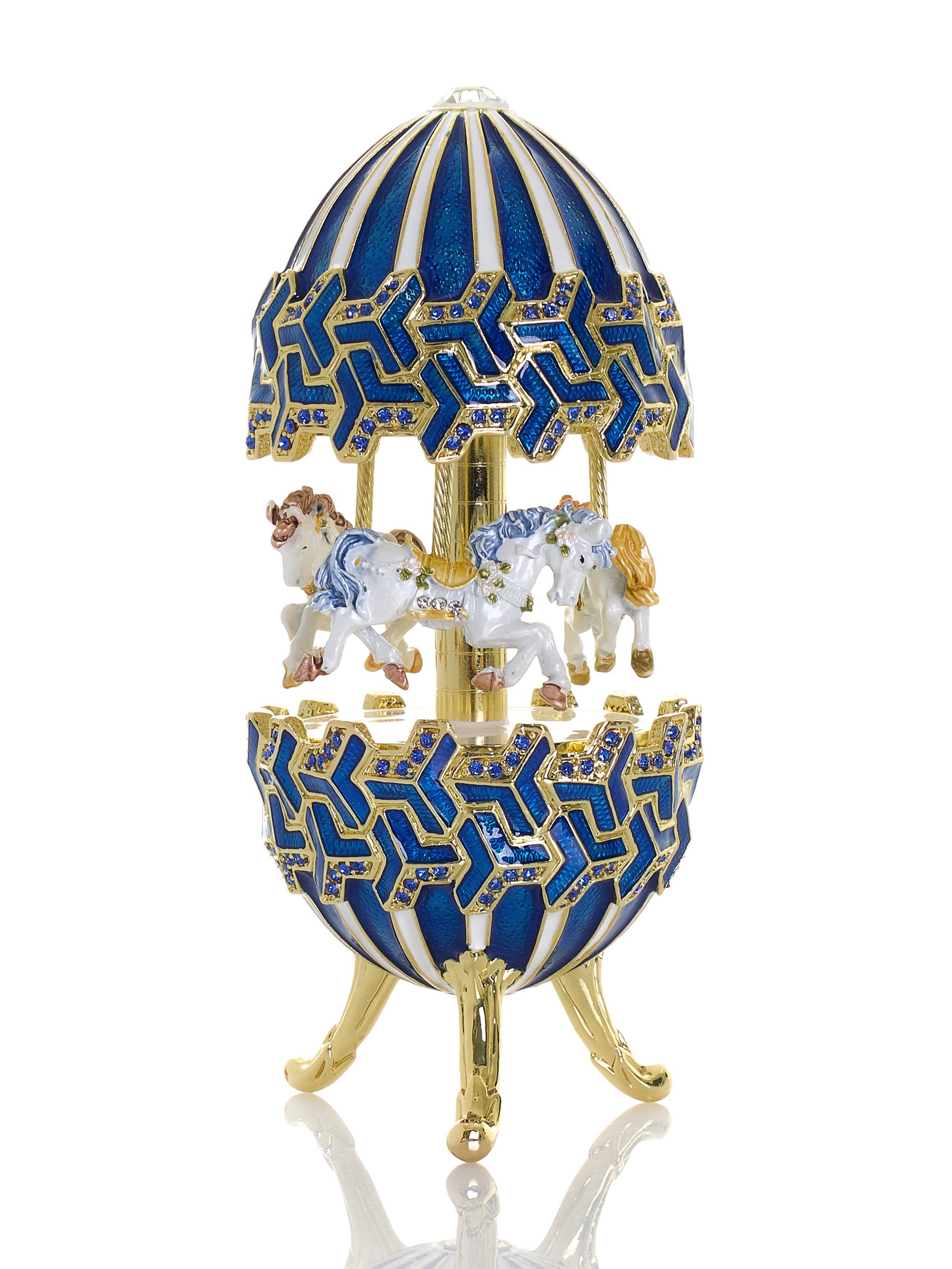 Blaues Faberge-Ei mit Pferdekarussell zum Aufziehen